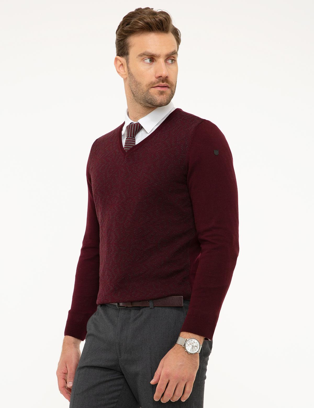 Bordo Slim Fit V Yaka Triko Kazak - 50194181047