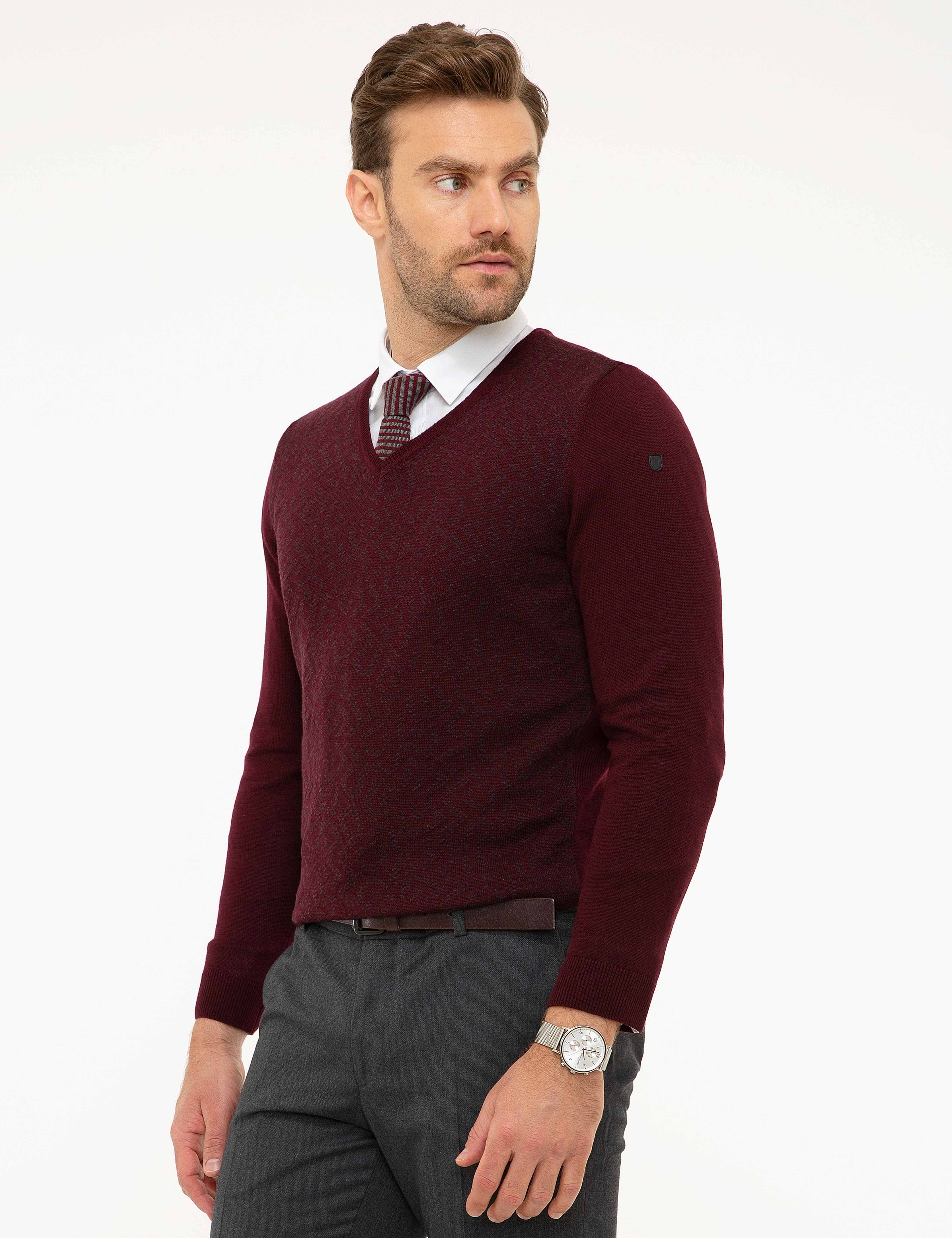 Bordo Slim Fit V Yaka Triko Kazak - Image 3