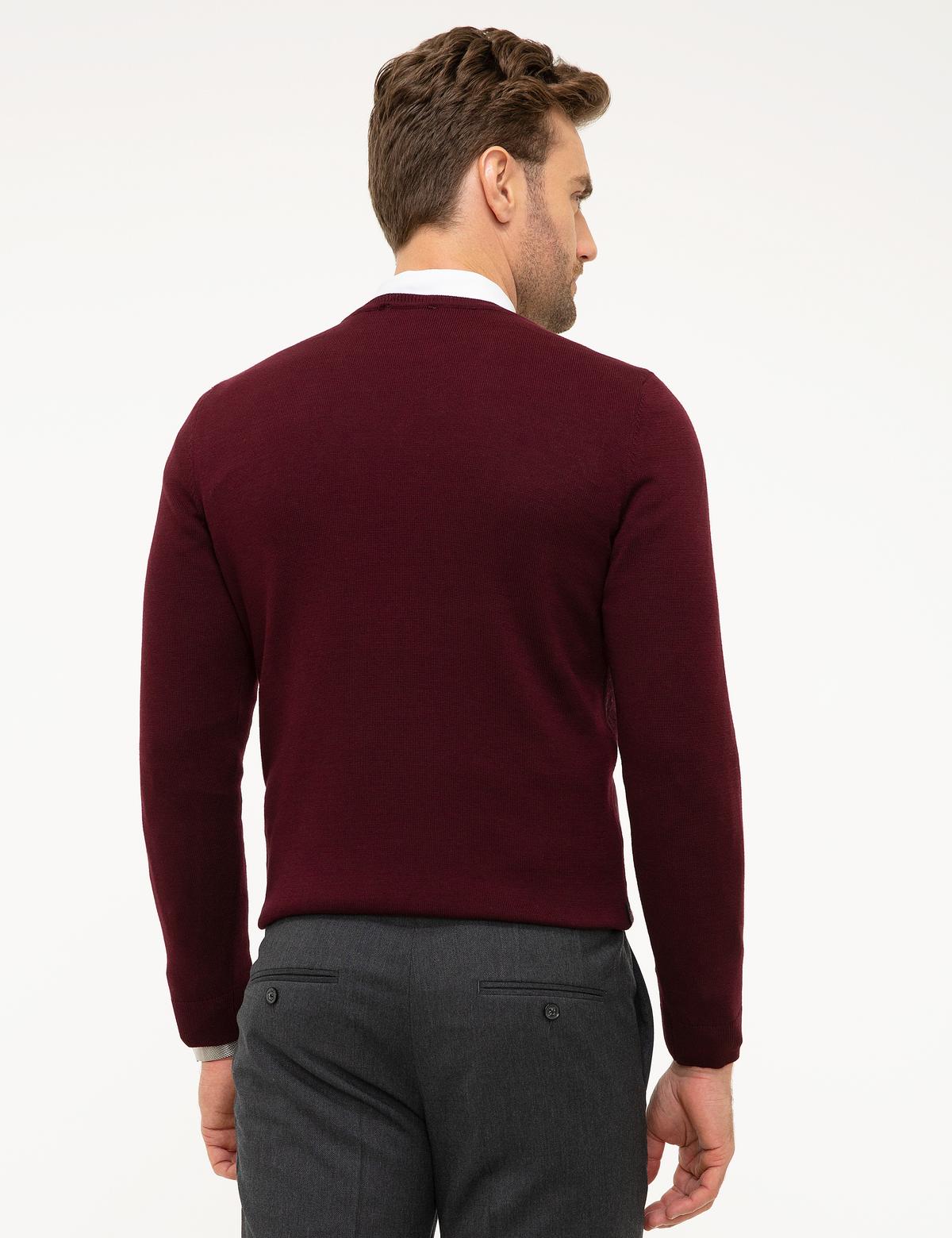 Bordo Slim Fit V Yaka Triko Kazak - 50194181047