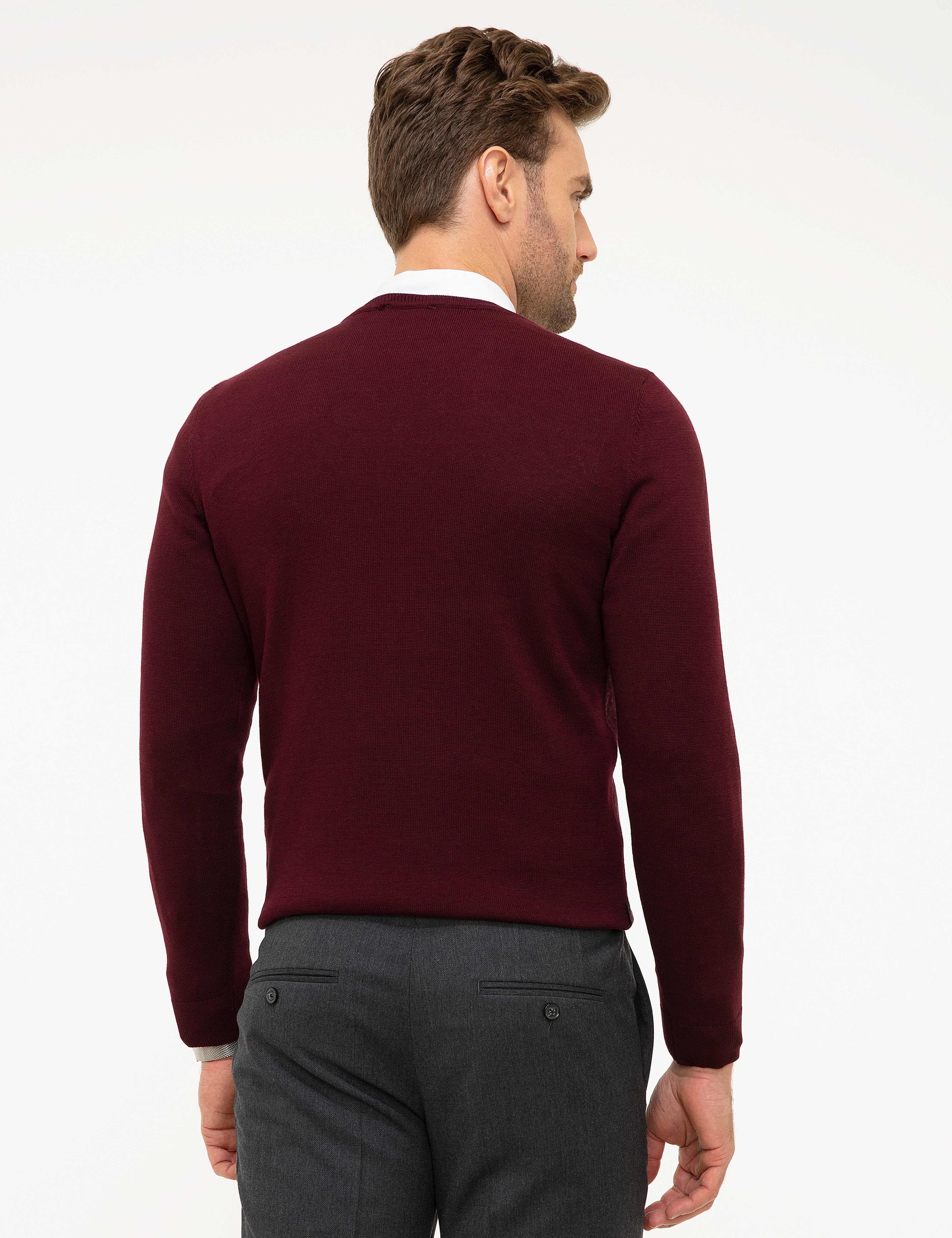 Bordo Slim Fit V Yaka Triko Kazak - Image 4