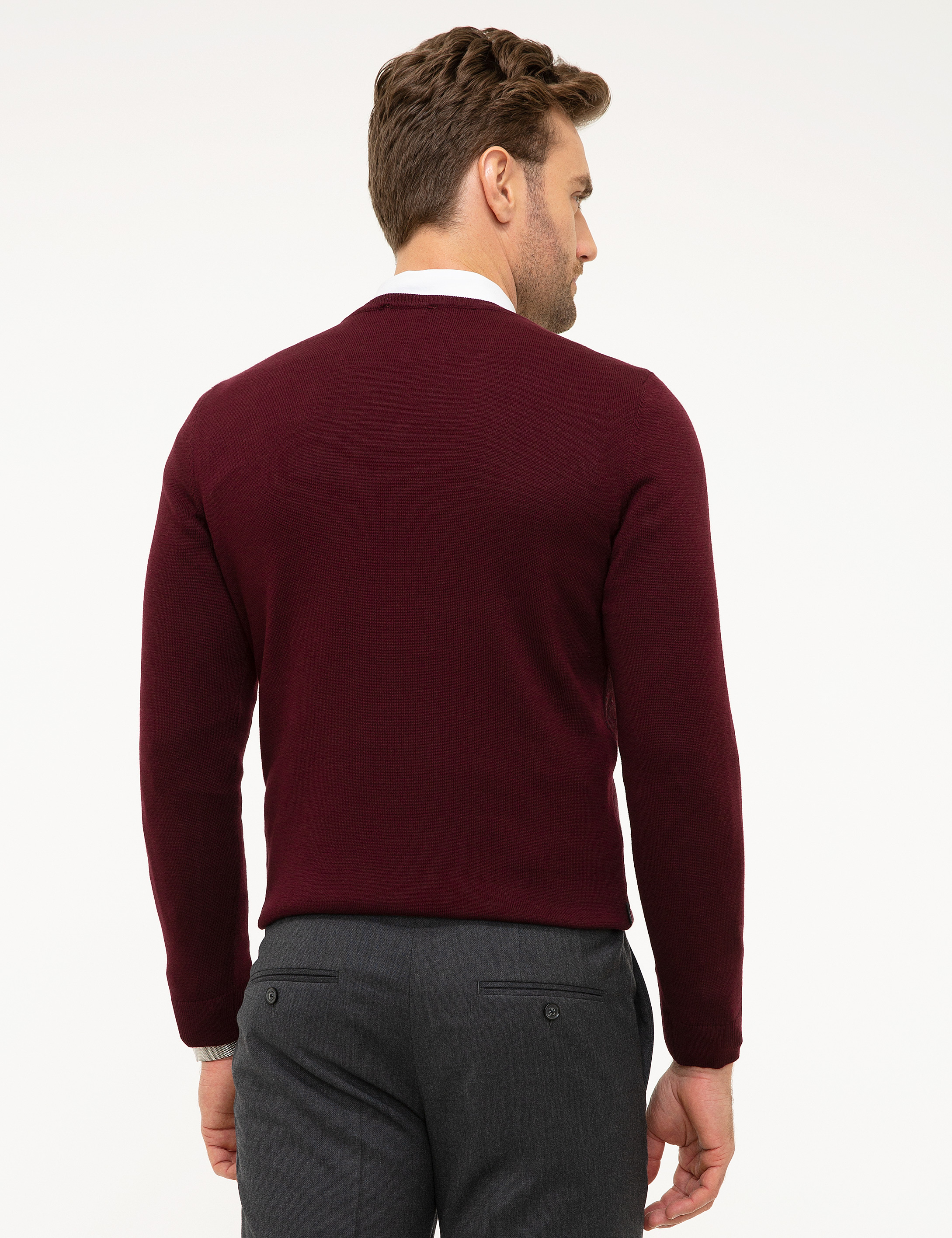 Bordo Slim Fit V Yaka Triko Kazak