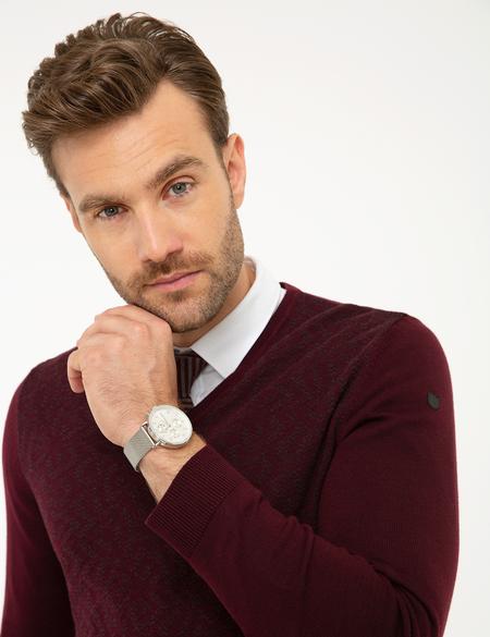 Bordo Slim Fit V Yaka Triko Kazak - 50194181047