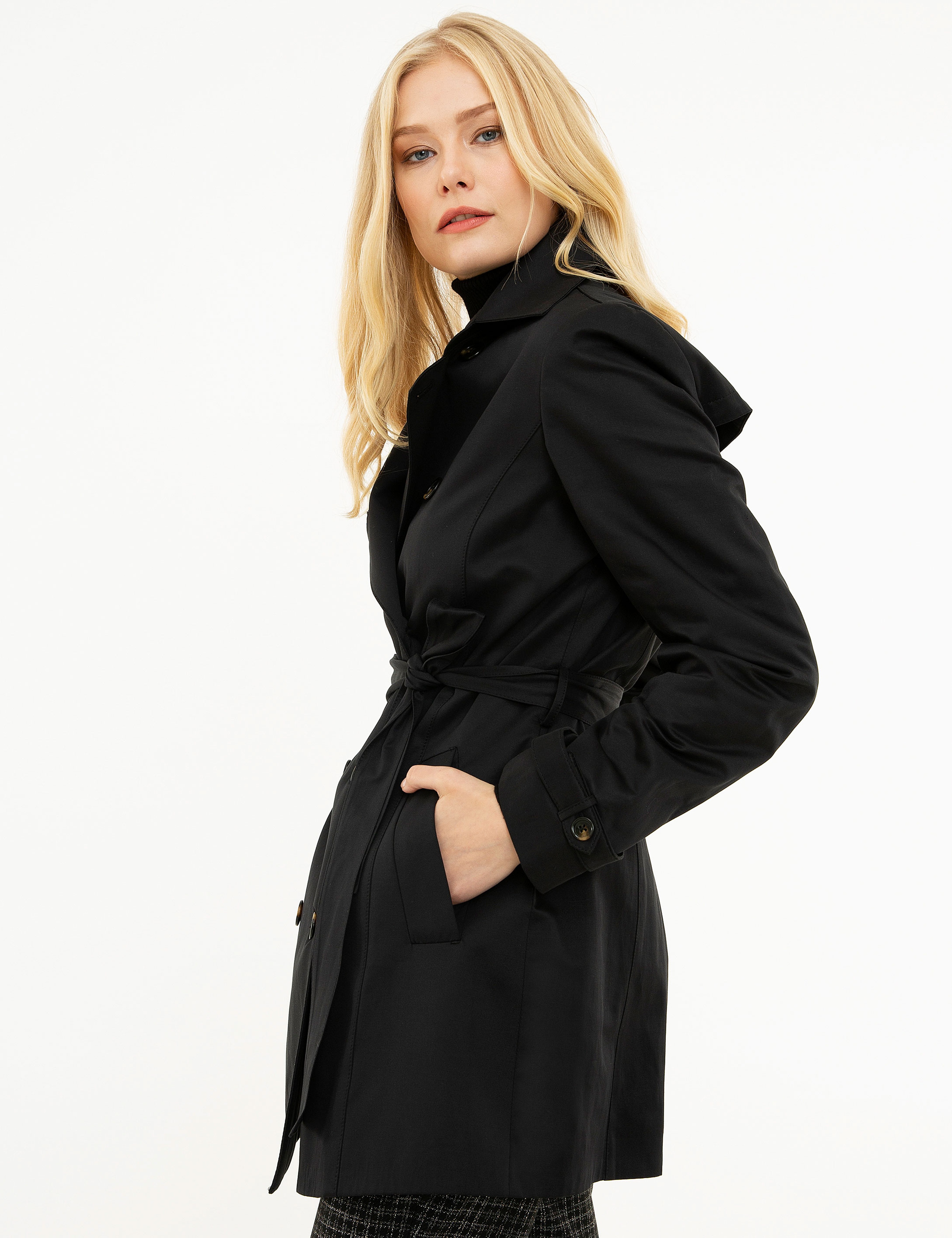 Siyah Slim Fit Trençkot - Image 3