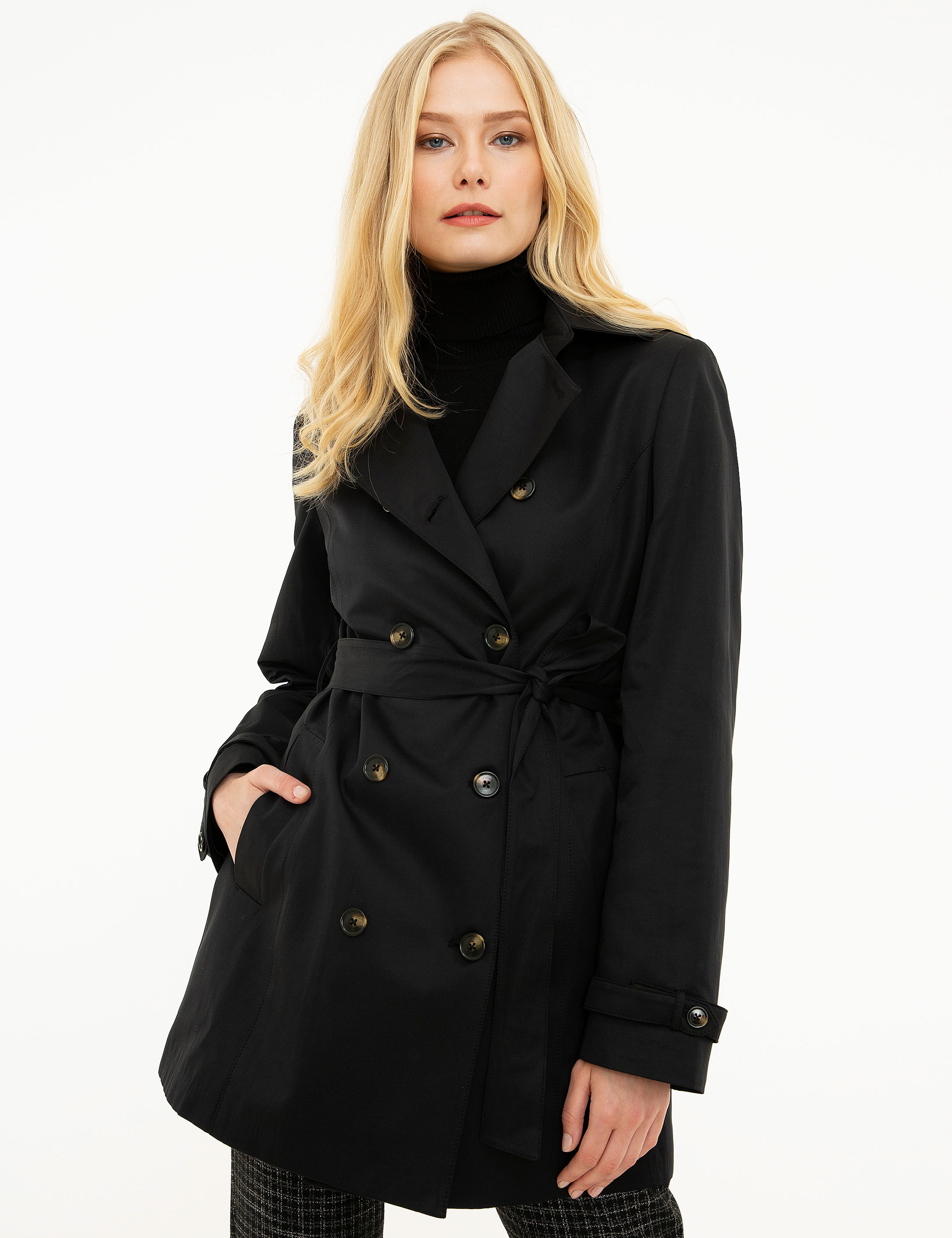 Siyah Slim Fit Trençkot - Image 1