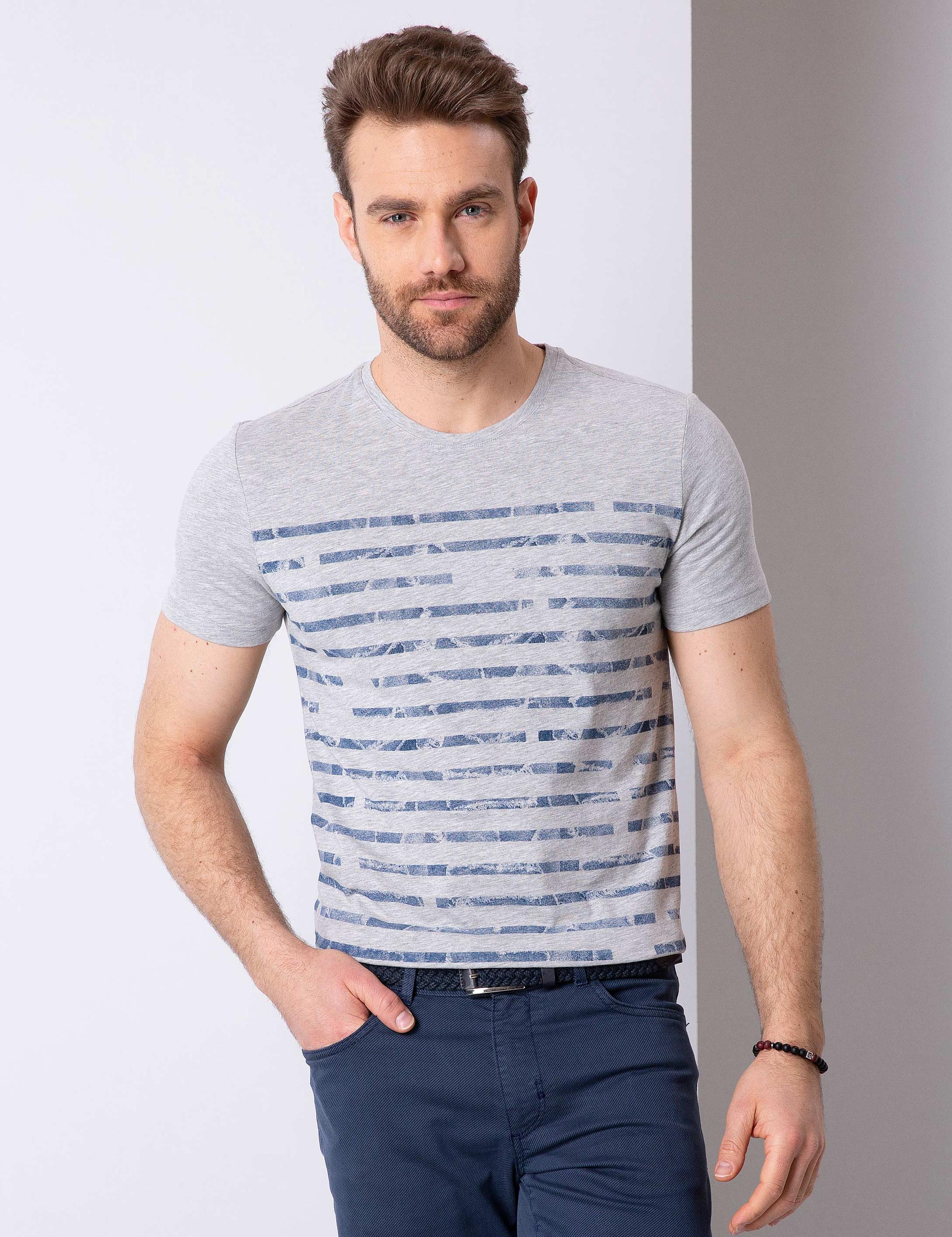 Gri Melanj Slim Fit Bisiklet Yaka T-Shirt