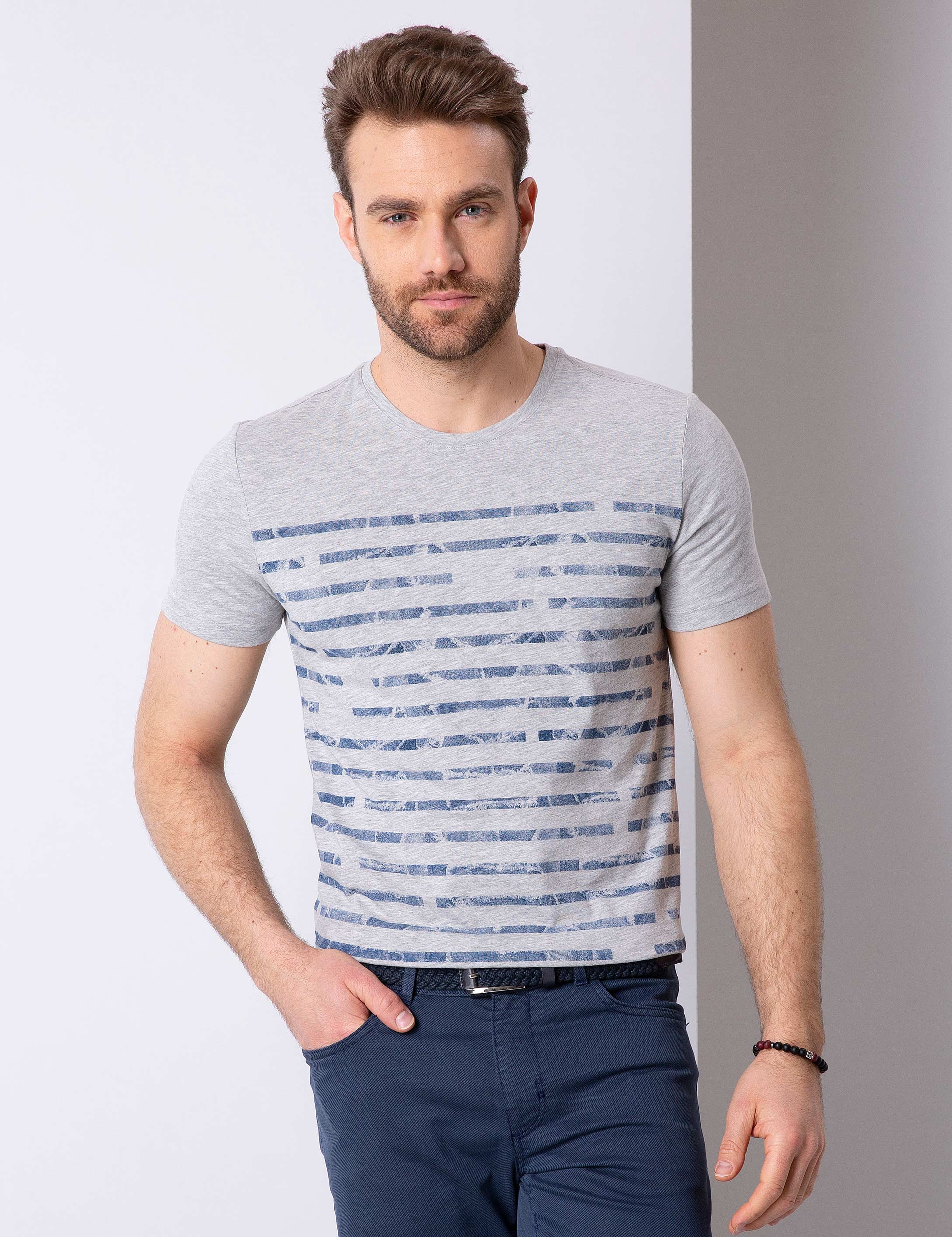 Gri Melanj Slim Fit Bisiklet Yaka T-Shirt - Image 2