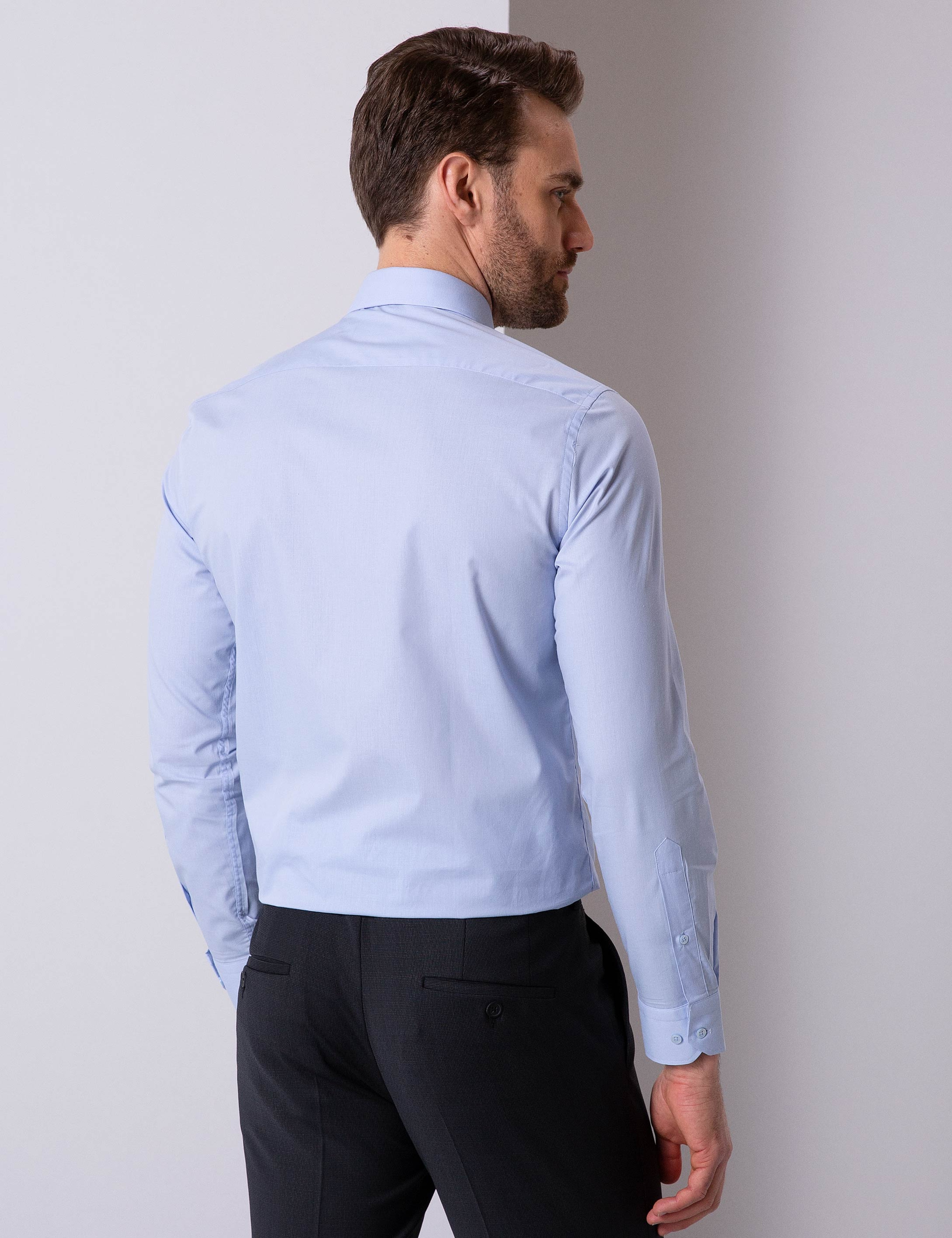 Açık Mavi Slim Fit Uzun Kollu Basic Gömlek - Image 3