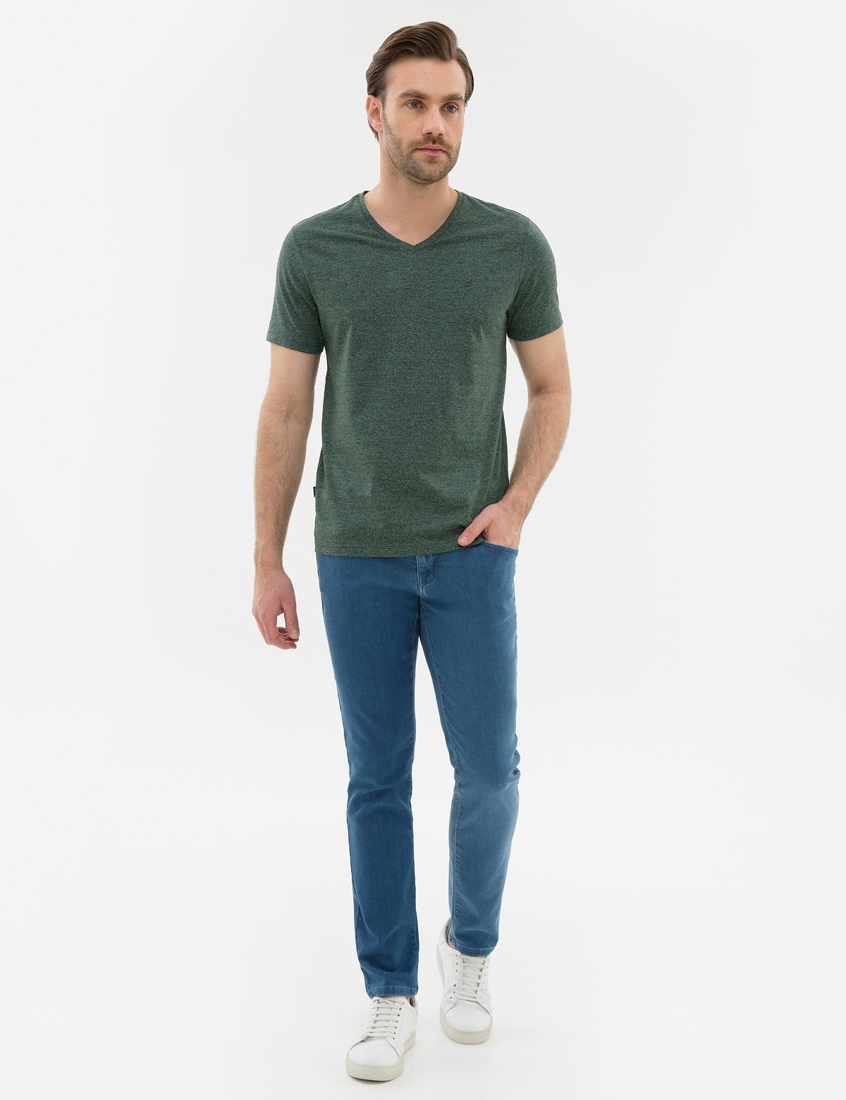 Koyu Yeşil Slim Fit V Yaka Tişört - 50225531019
