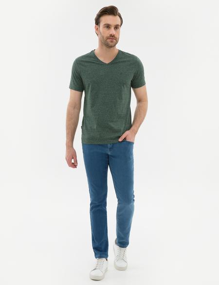 Koyu Yeşil Slim Fit V Yaka Tişört - 50225531019