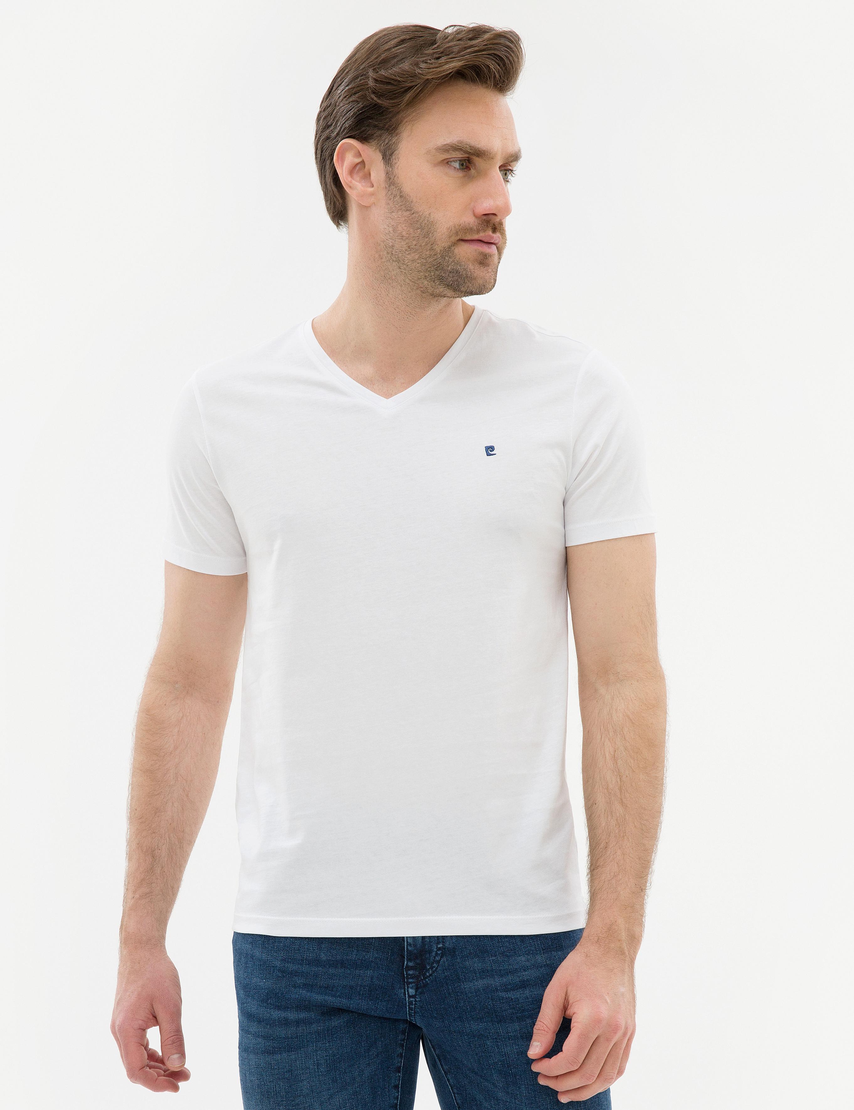 Beyaz Slim Fit V Yaka Basic T-Shirt