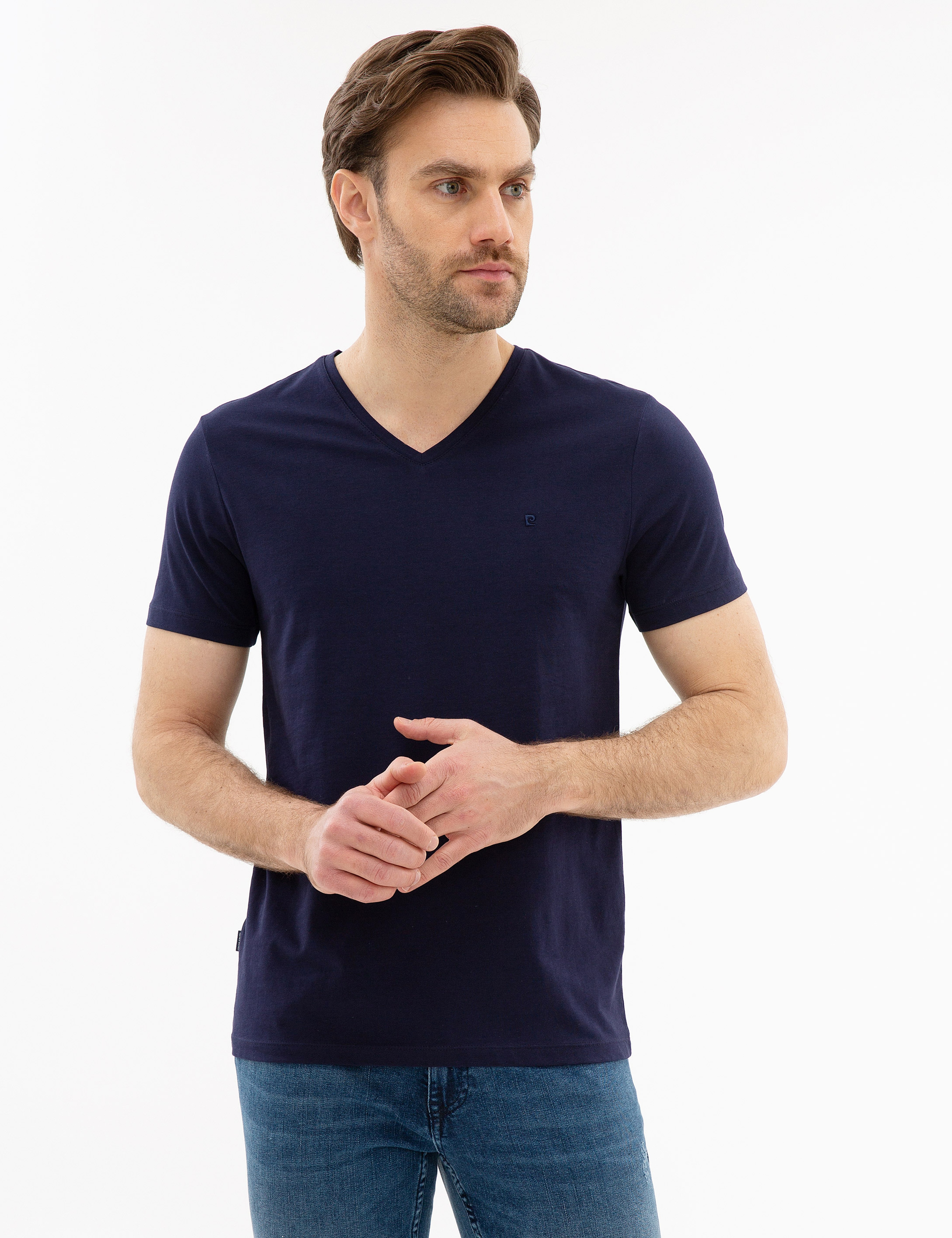 Lacivert Slim Fit V Yaka Basic T-Shirt - Image 2