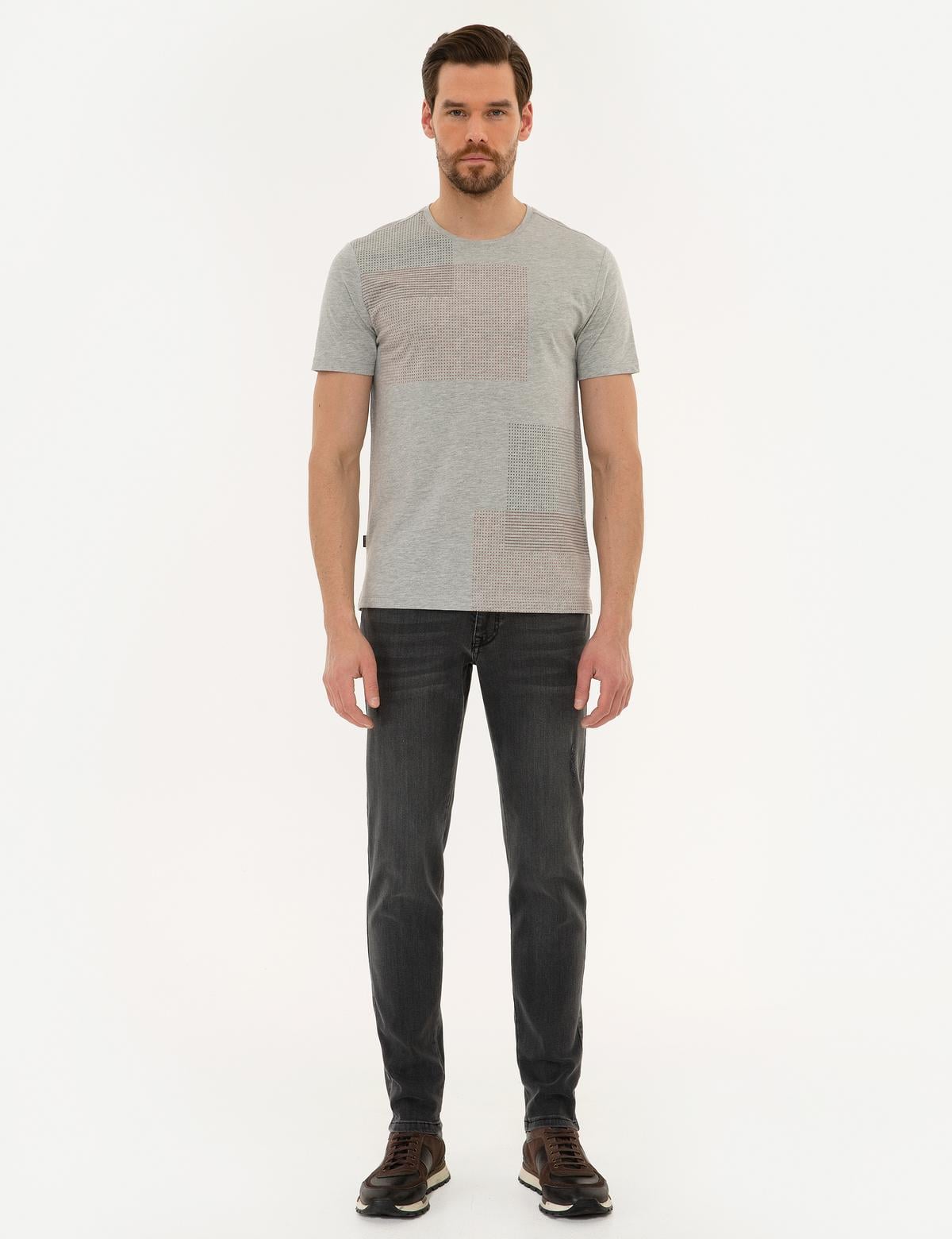 Açık Gri Melanj Slim Fit Bisiklet Yaka T-Shirt - 50226353001