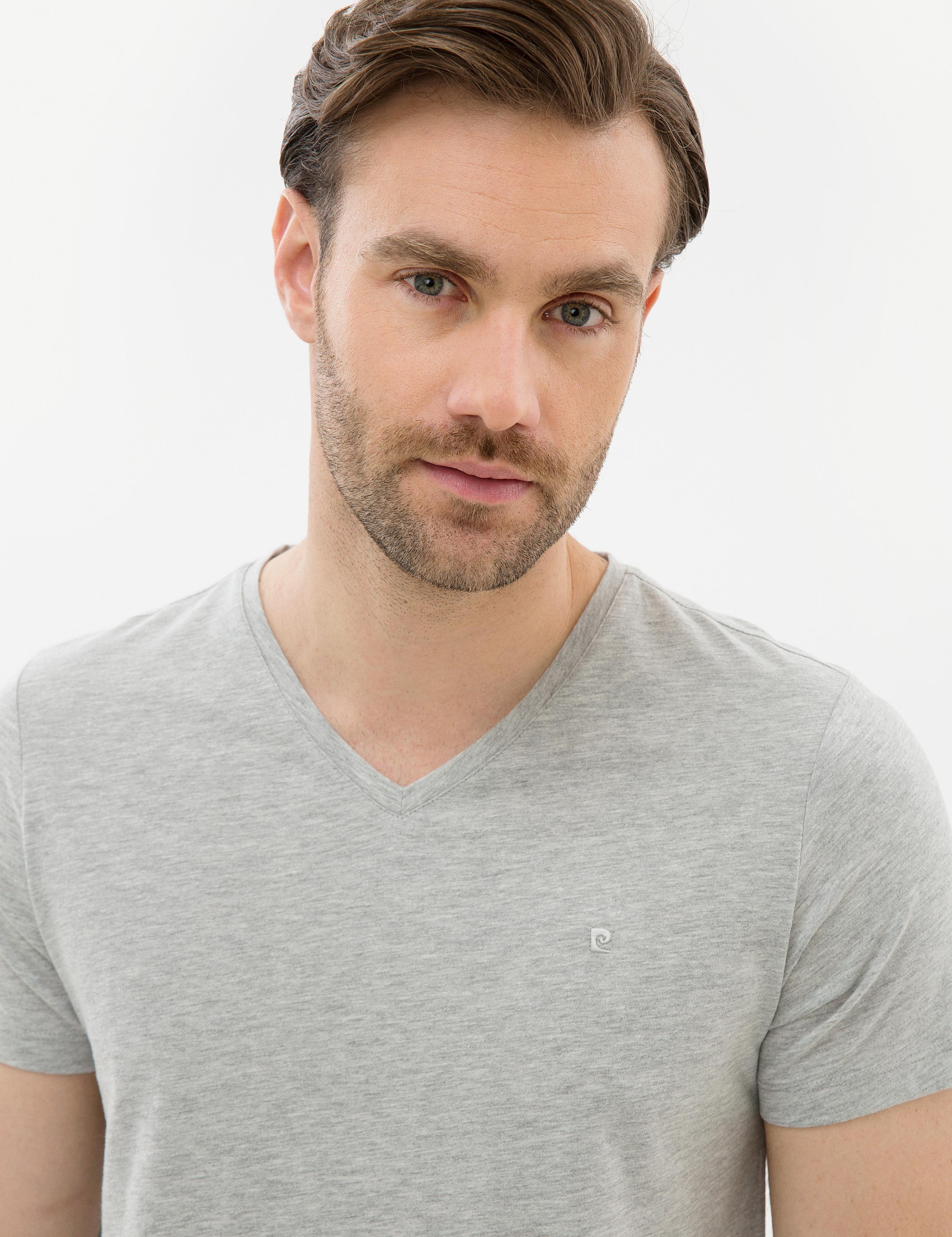 Açık Gri Melanj Slim Fit V Yaka Basic T-Shirt