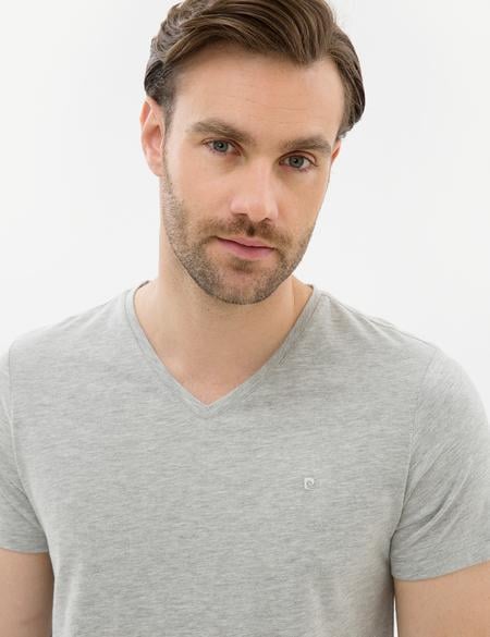 Açık Gri Melanj Slim Fit V Yaka Basic T-Shirt - 50225532034