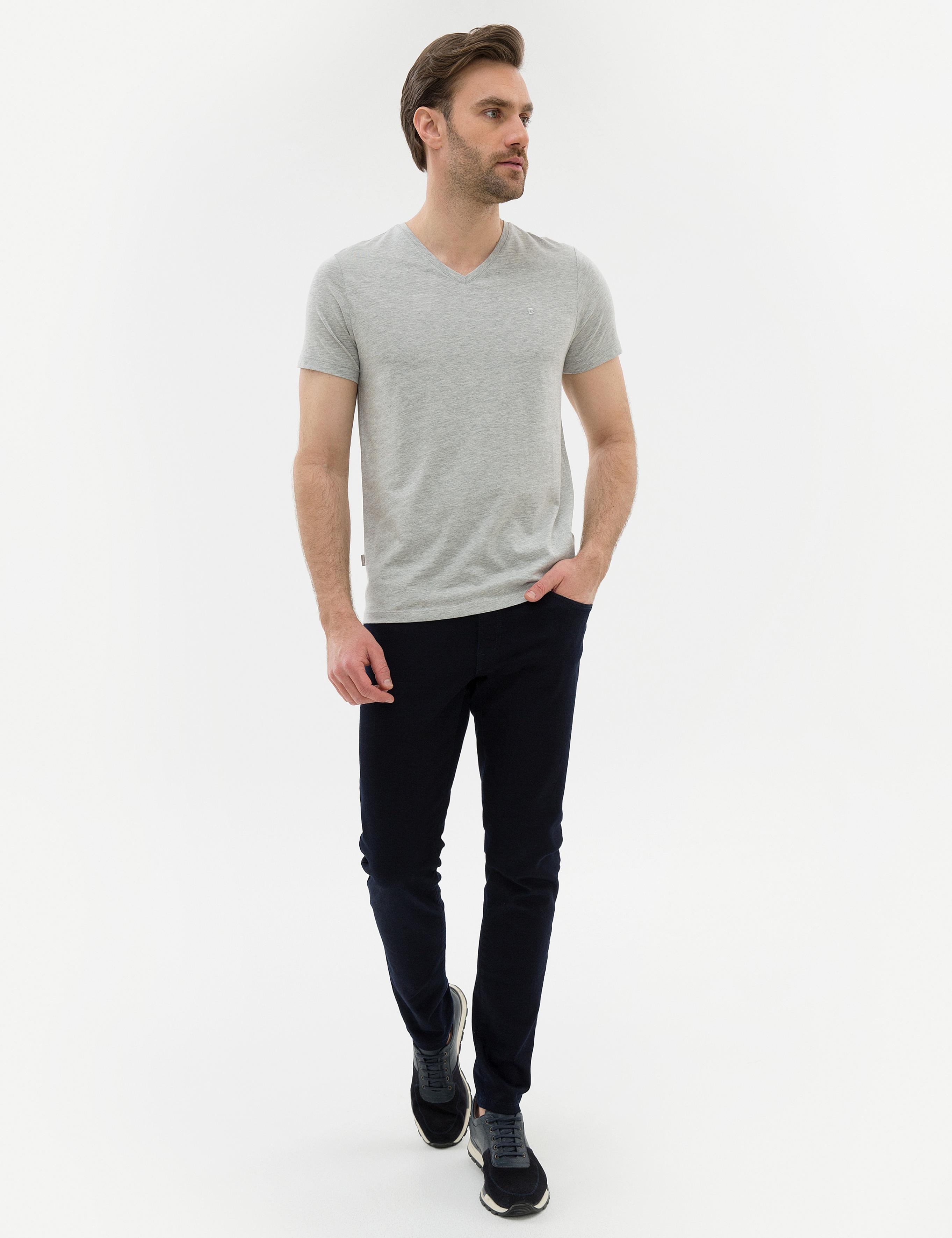 Açık Gri Melanj Slim Fit V Yaka Basic T-Shirt