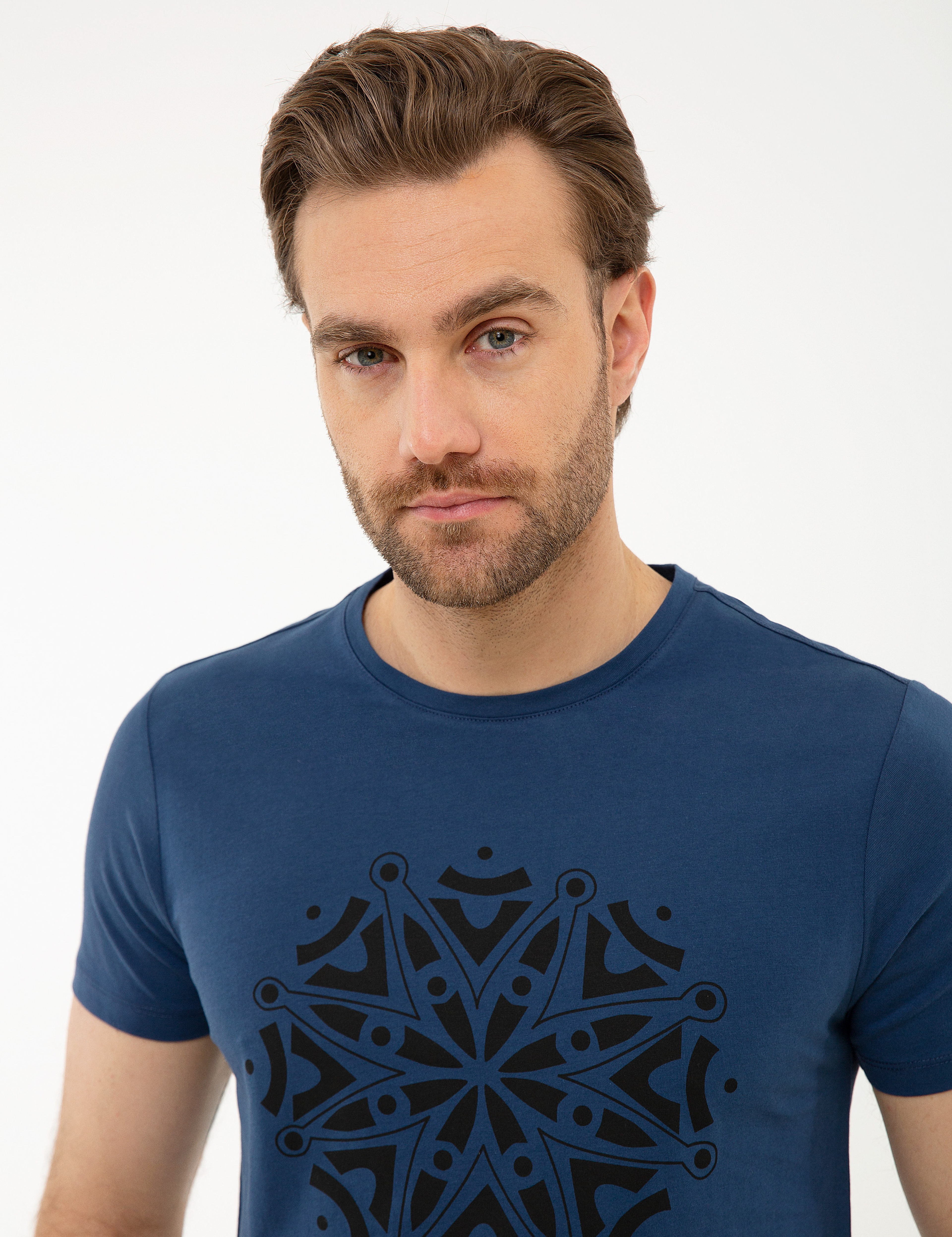 Koyu Mavi Slim Fit Bisiklet Yaka T-Shirt - Image 2
