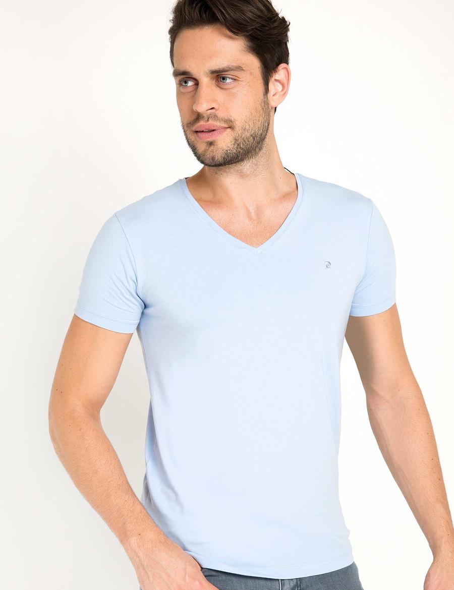 Açık Mavi Slim Fit V Yaka T-Shirt