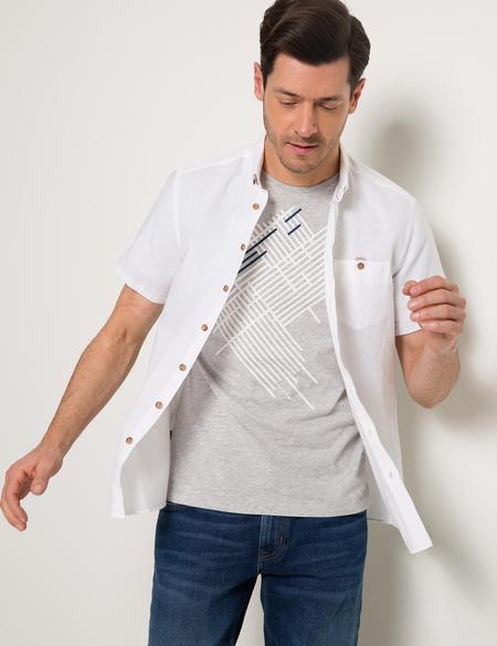 Beyaz Slim Fit Kısa Kollu Keten Karışımlı Gömlek - 50185776024