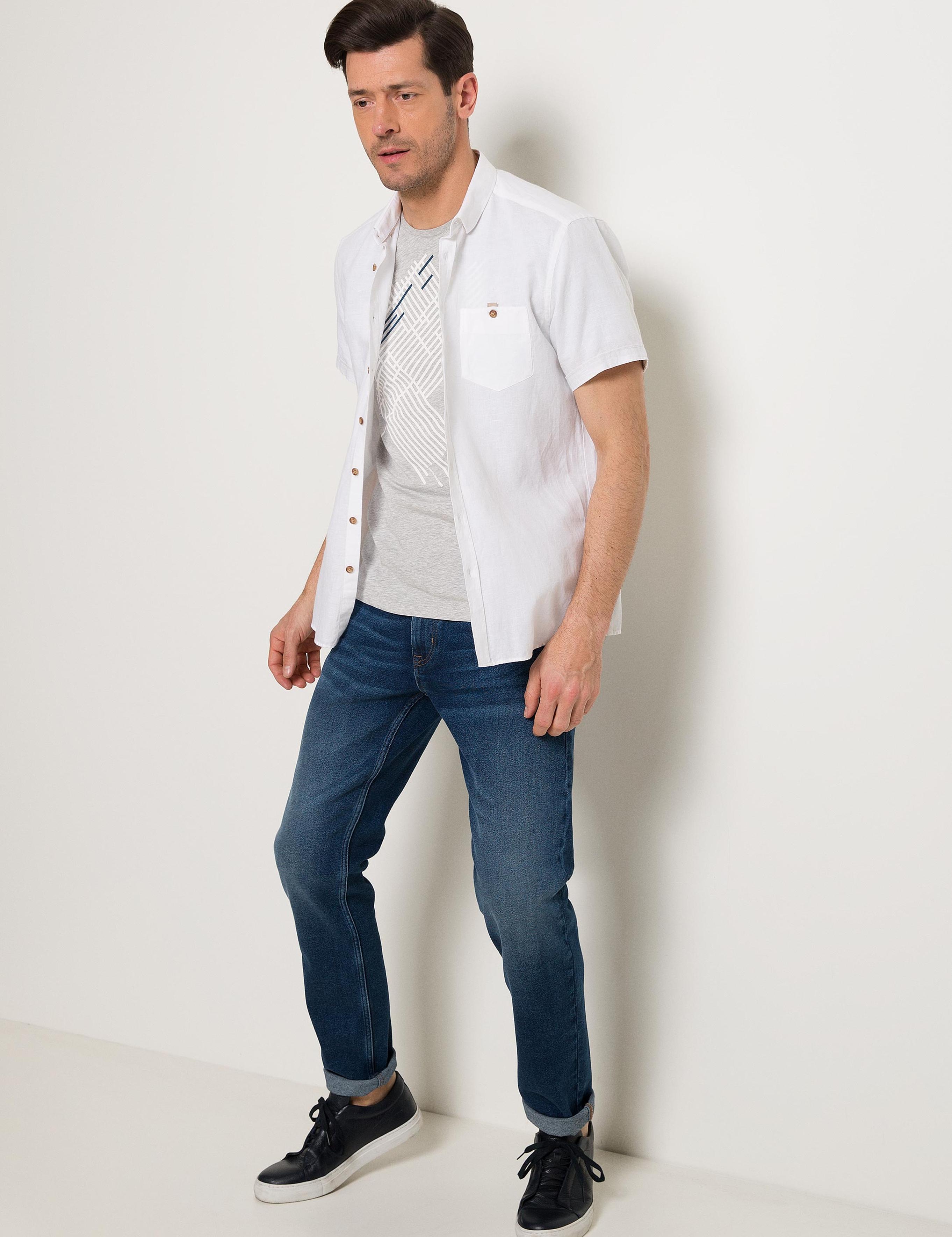 Beyaz Slim Fit Kısa Kollu Keten Karışımlı Gömlek