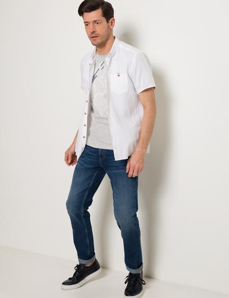 Beyaz Slim Fit Kısa Kollu Keten Karışımlı Gömlek - 50185776024
