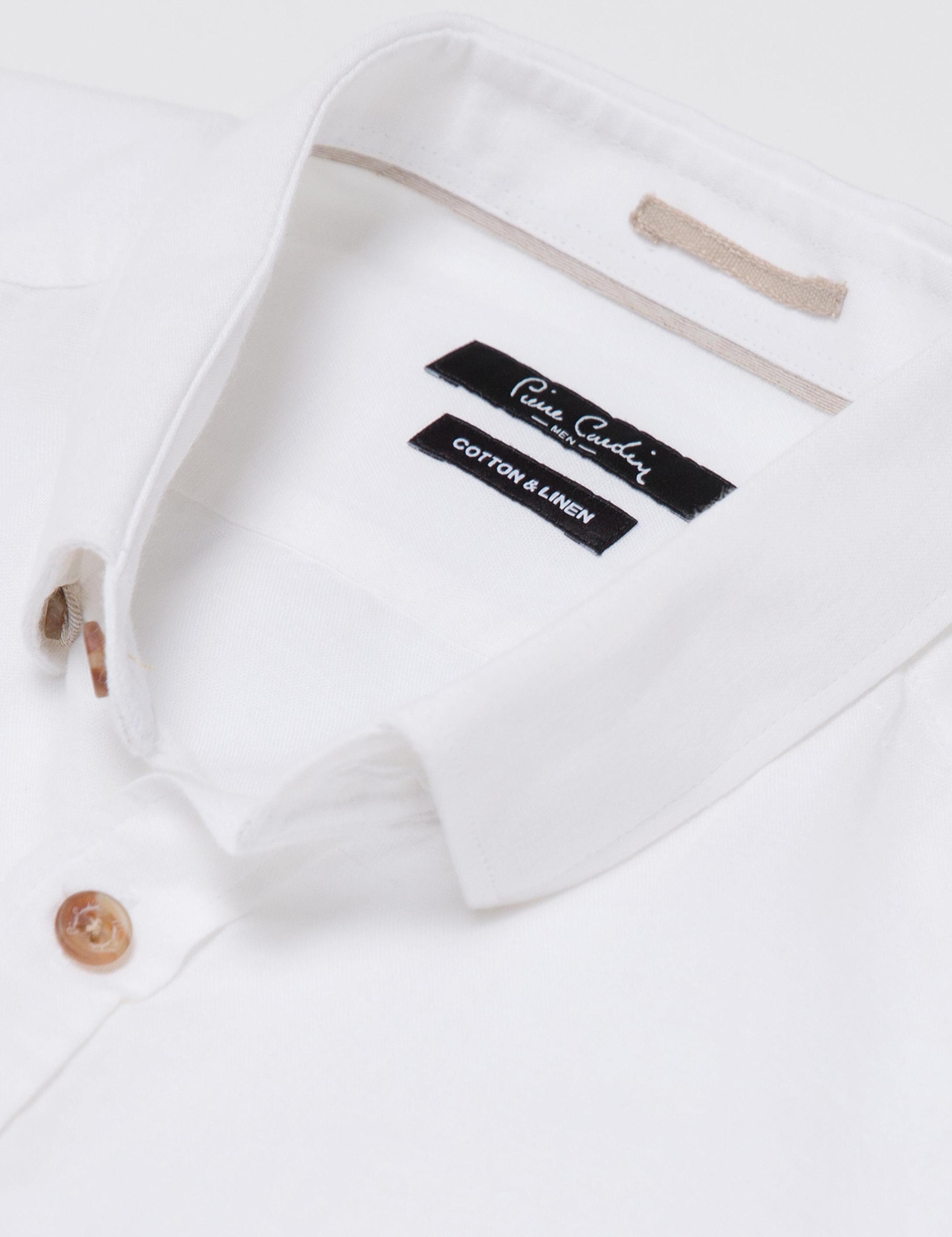 Beyaz Slim Fit Kısa Kollu Keten Karışımlı Gömlek