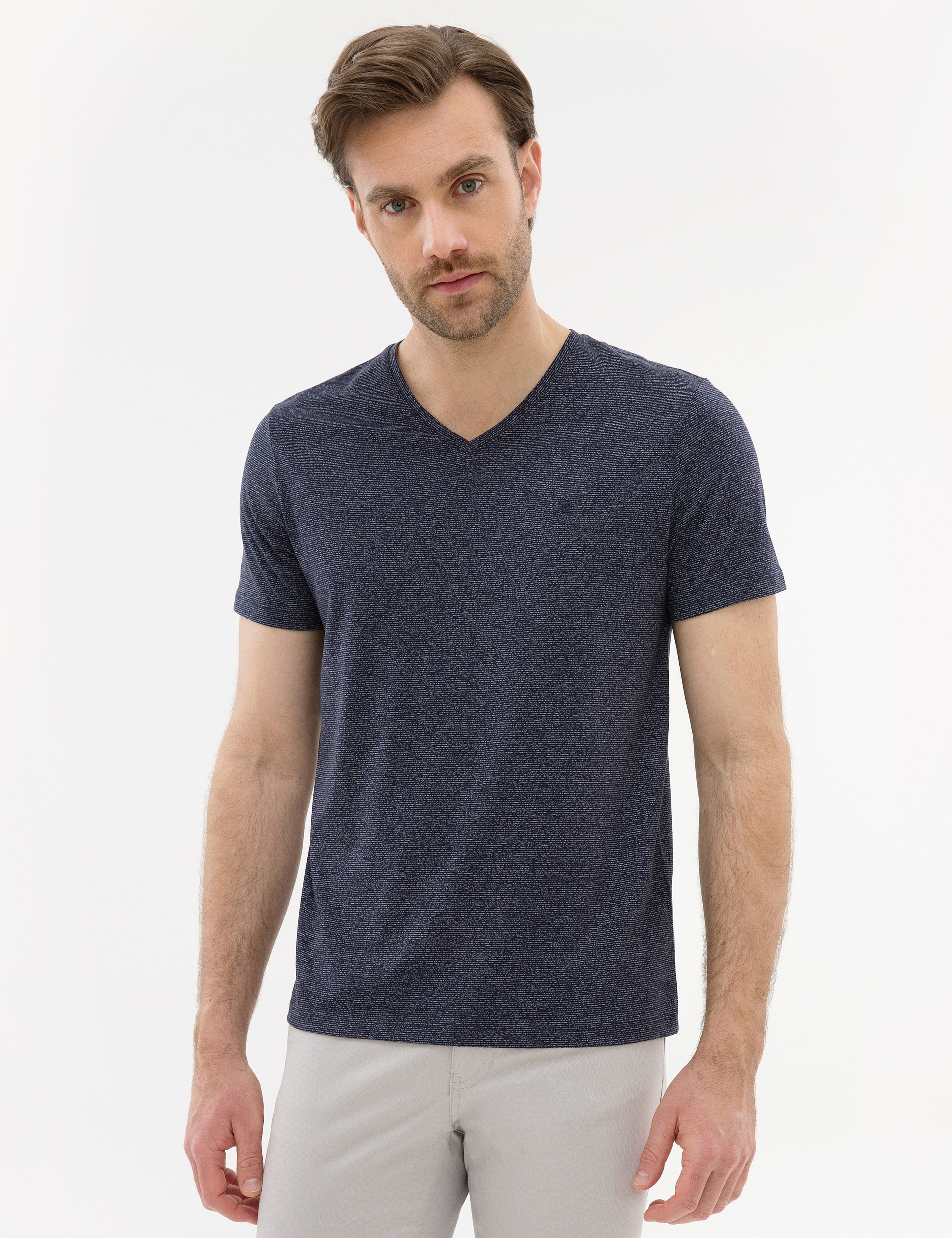 Lacivert Slim Fit V Yaka Tişört - Image 2