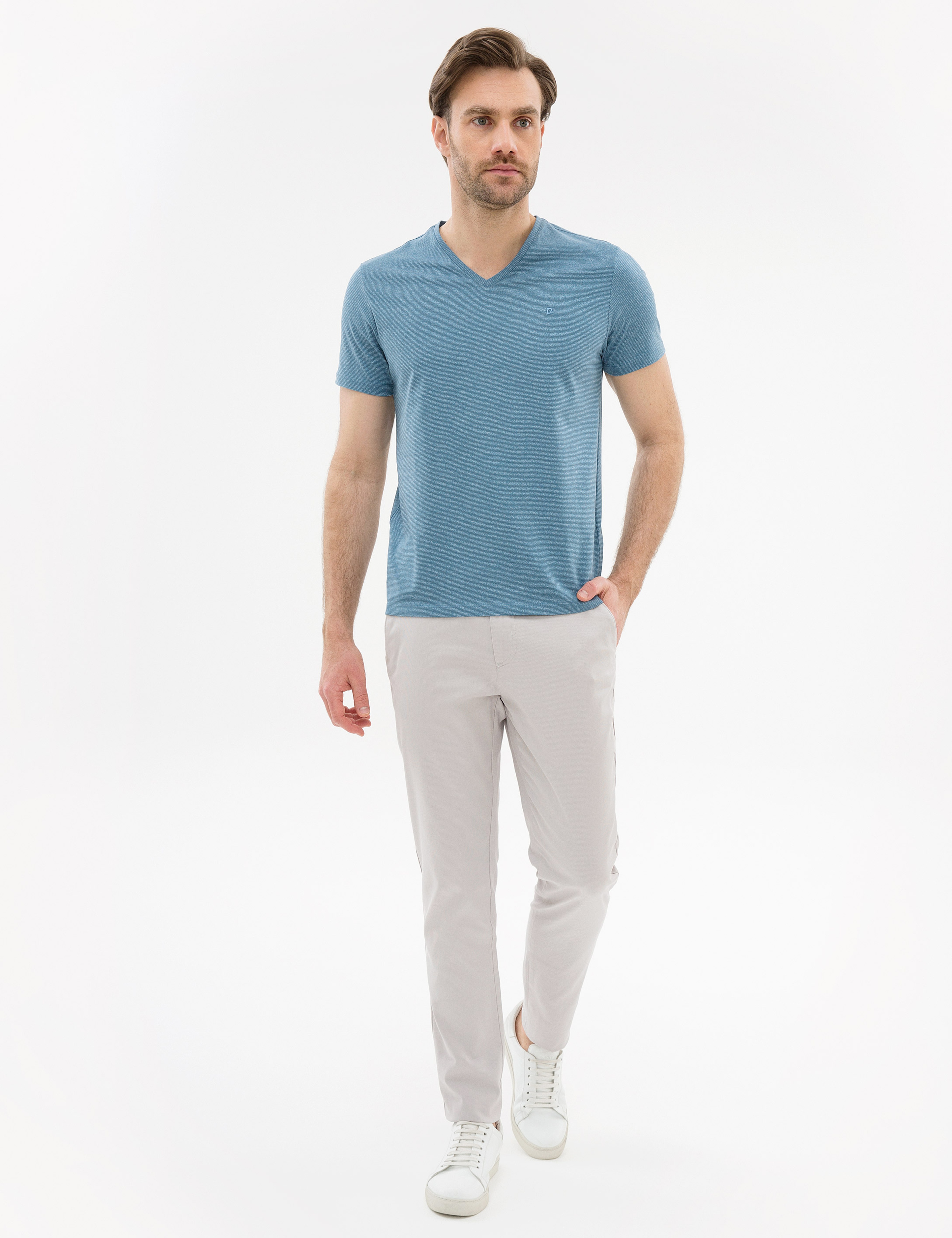 Mavi Slim Fit V Yaka Tişört - Image 4