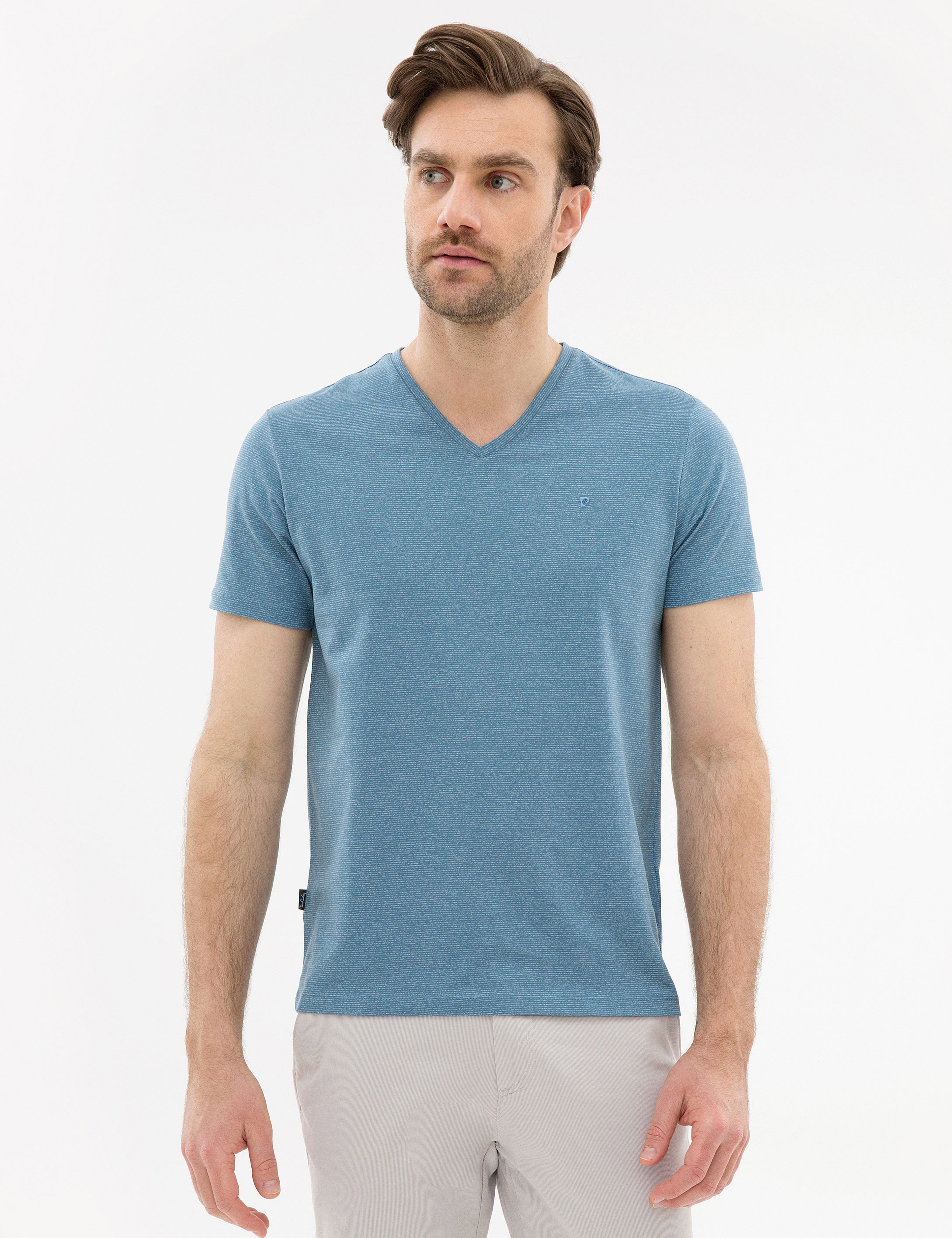 Mavi Slim Fit V Yaka Tişört - Image 2