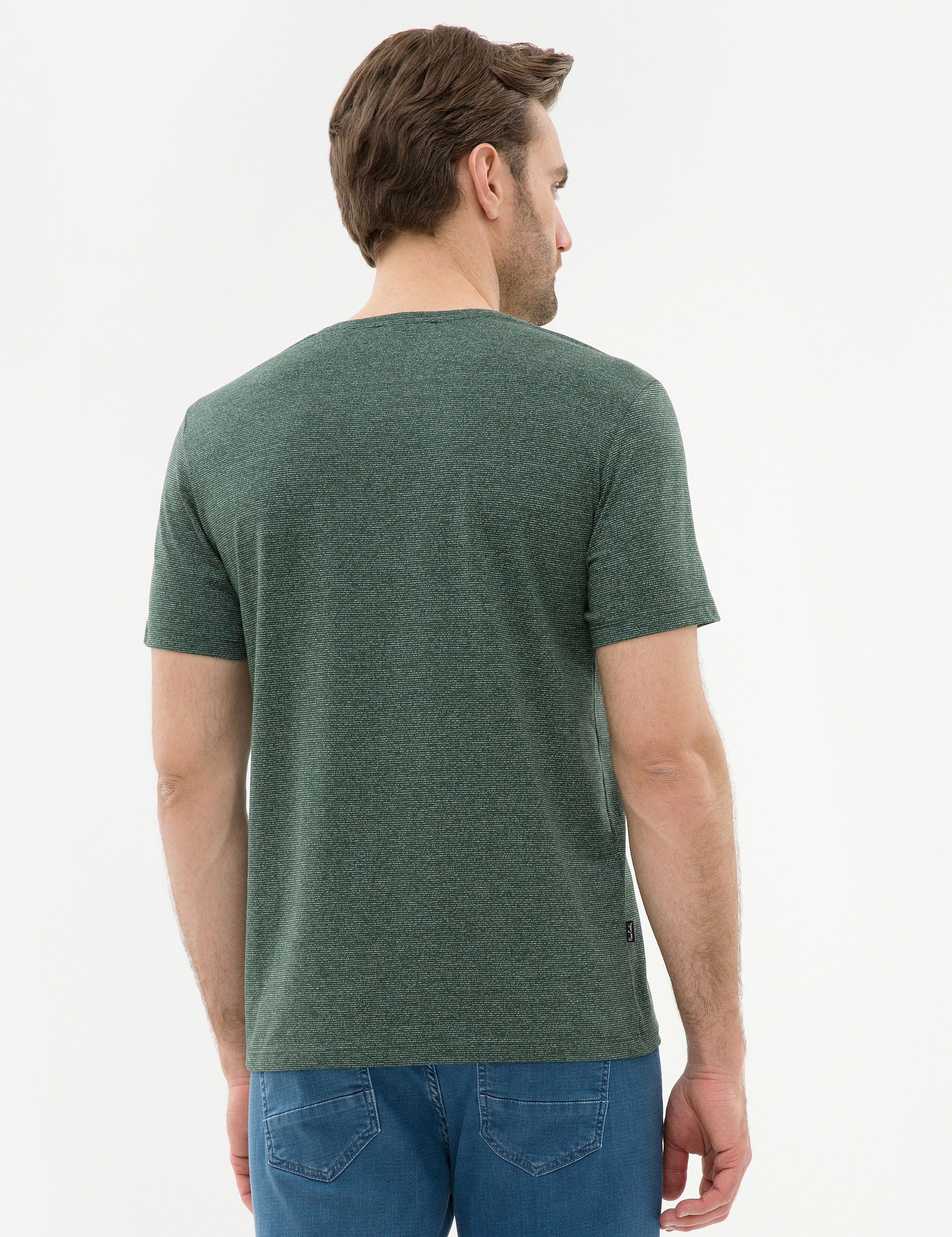 Koyu Yeşil Slim Fit V Yaka Tişört - Image 3