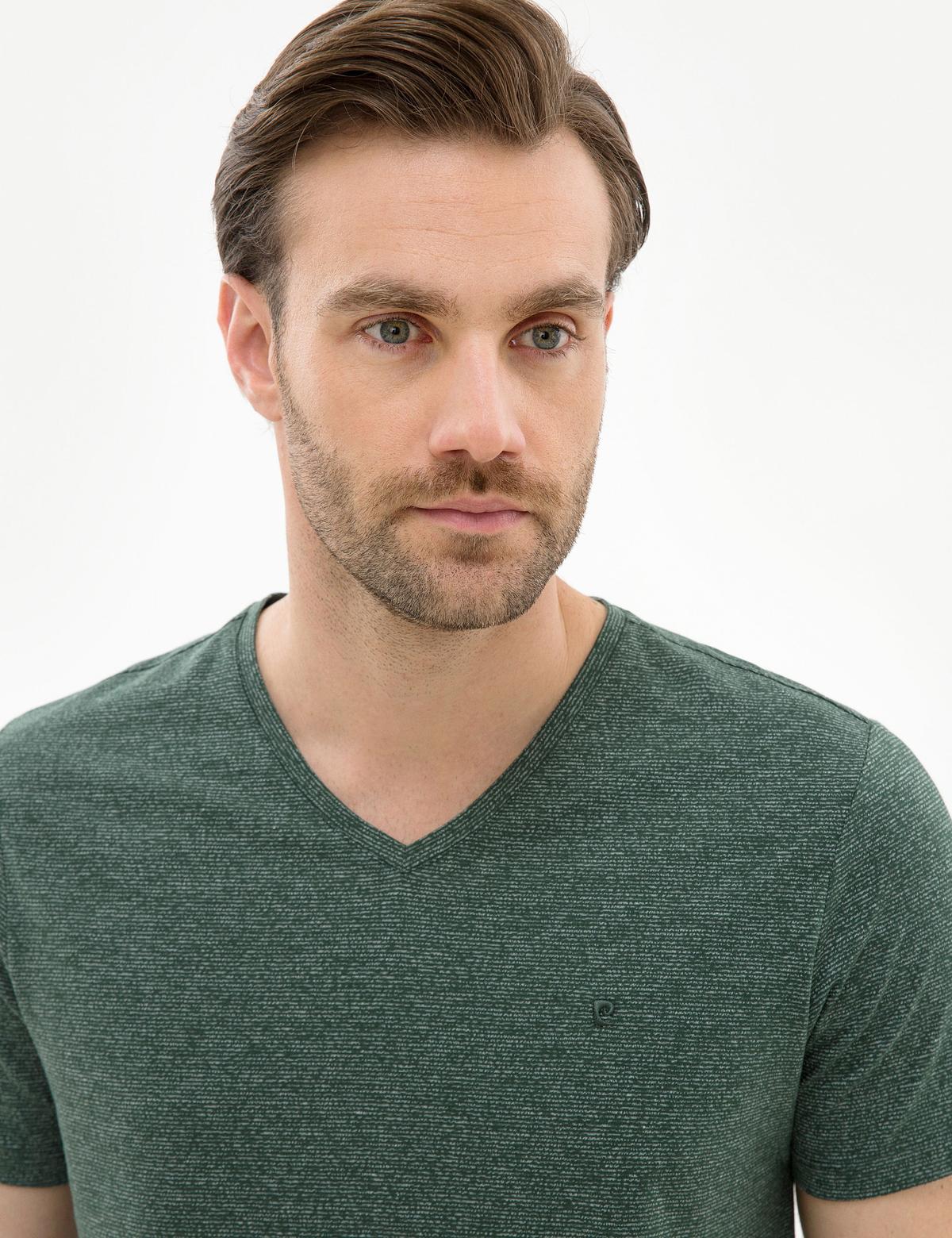Koyu Yeşil Slim Fit V Yaka Tişört - 50225531019