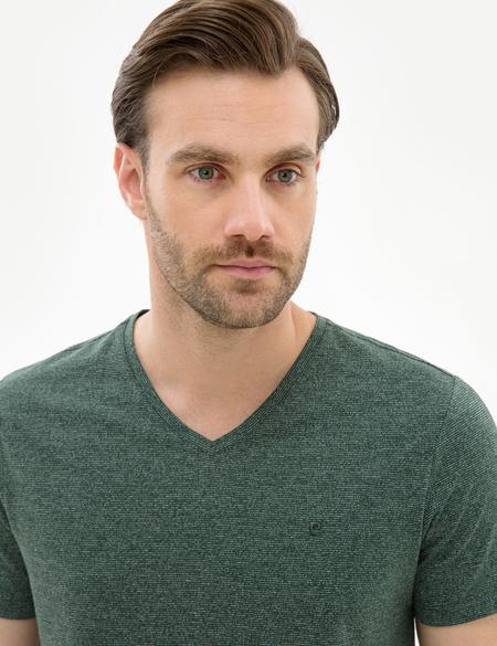Koyu Yeşil Slim Fit V Yaka Tişört - 50225531019