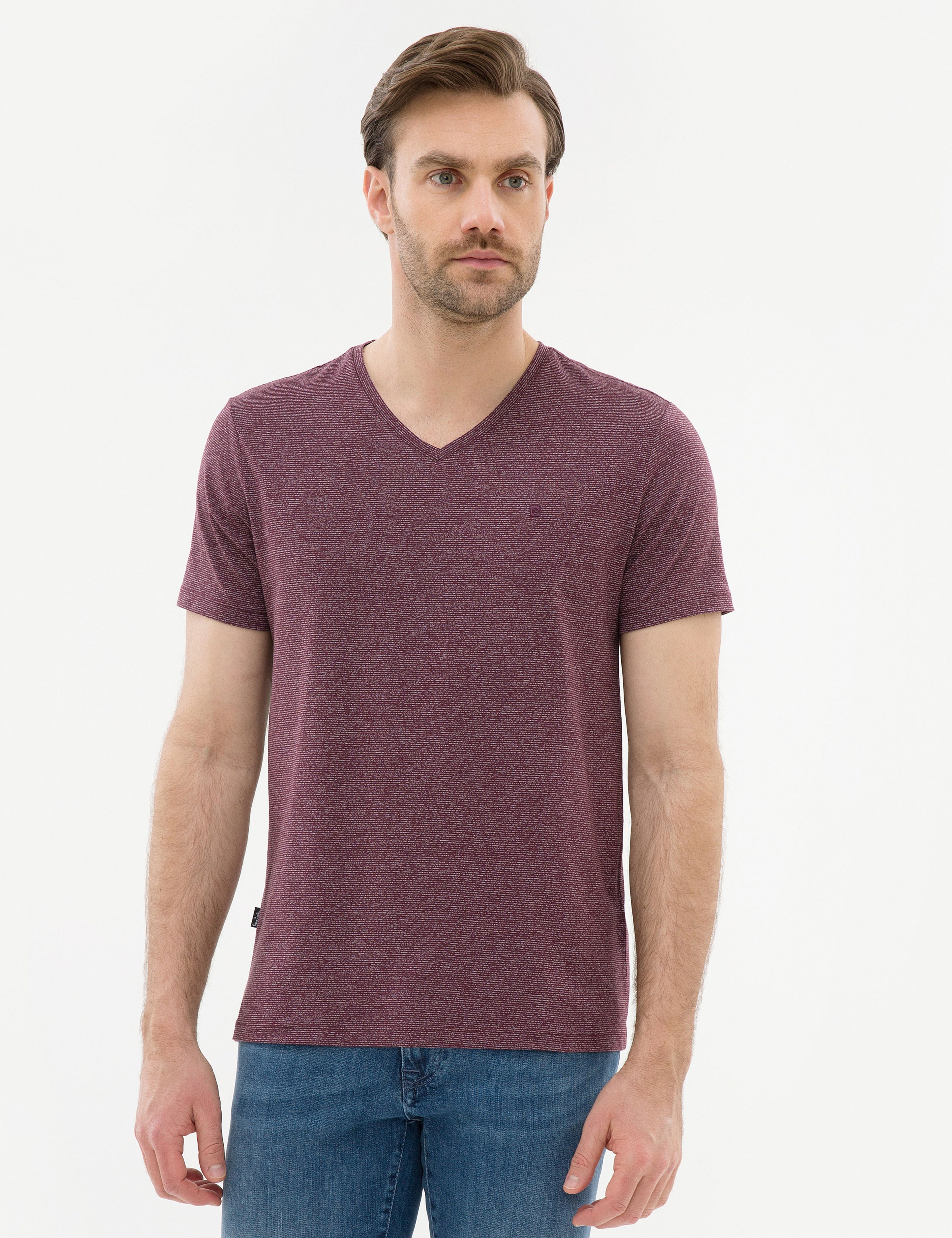 Bordo Slim Fit V Yaka Tişört - Image 2
