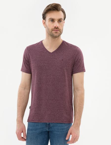 Bordo Slim Fit V Yaka Tişört - 50225531028