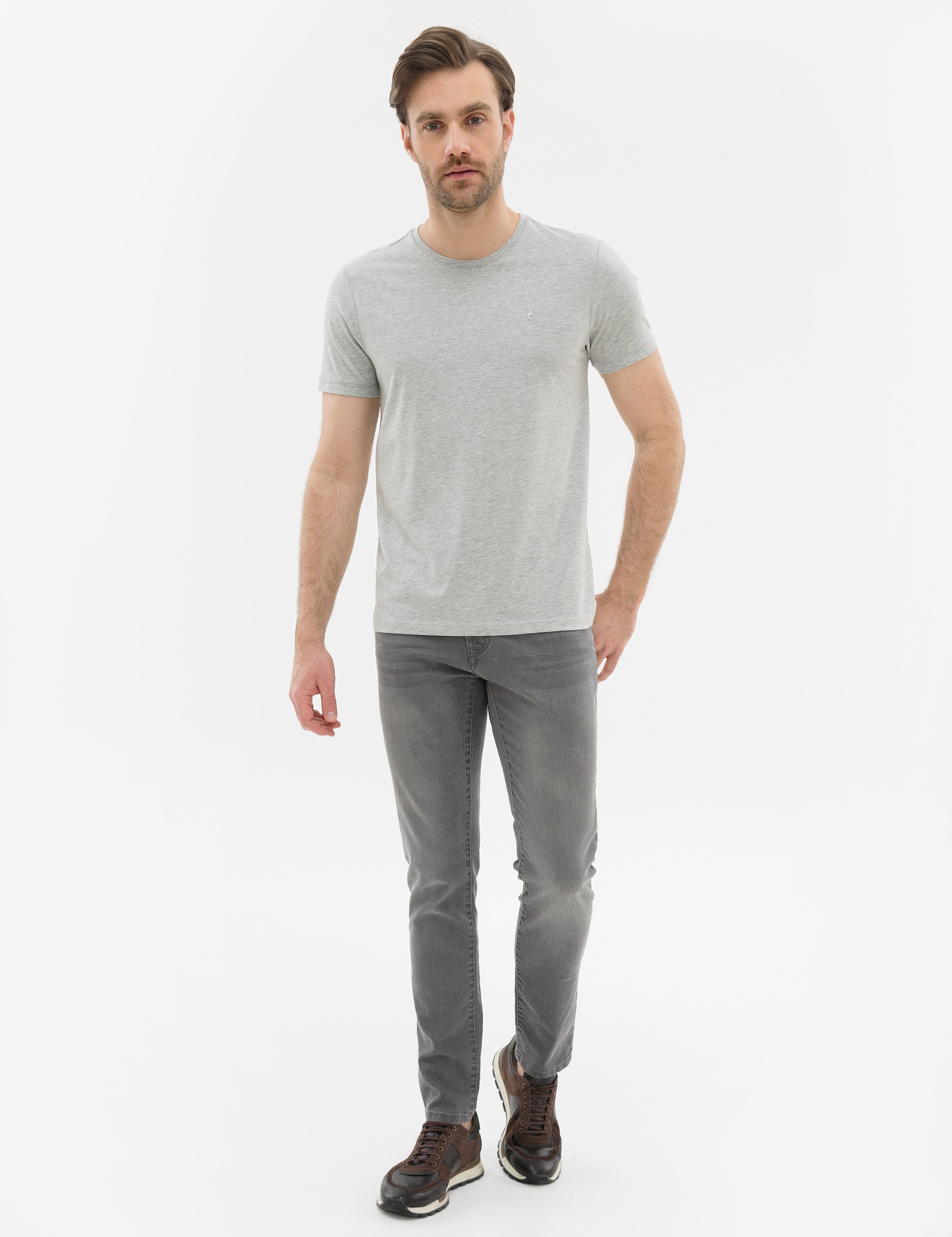 Açık Gri Melanj Slim Fit Bisiklet Yaka Basic T-Shirt - Image 4