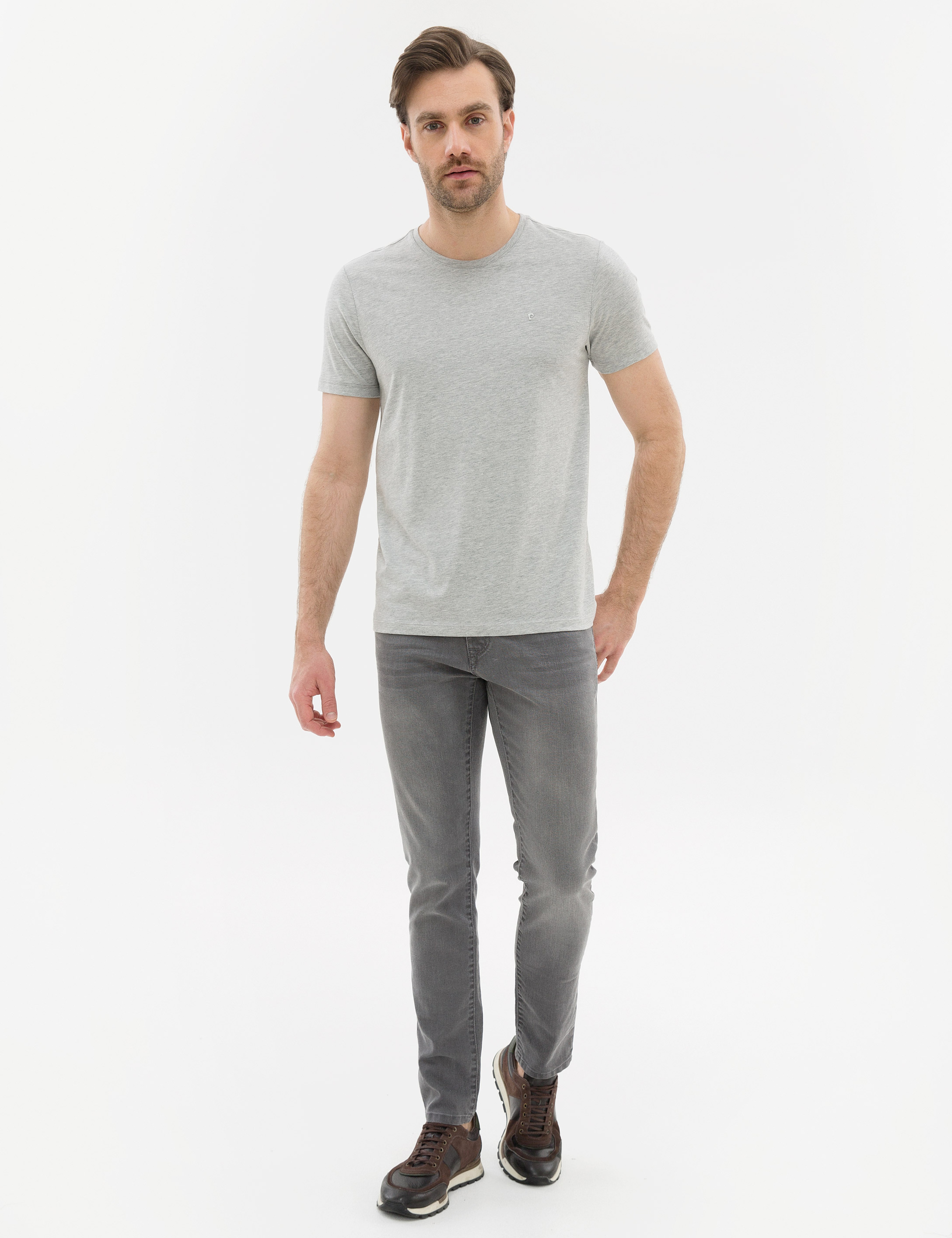 Açık Gri Melanj Slim Fit Bisiklet Yaka Basic T-Shirt