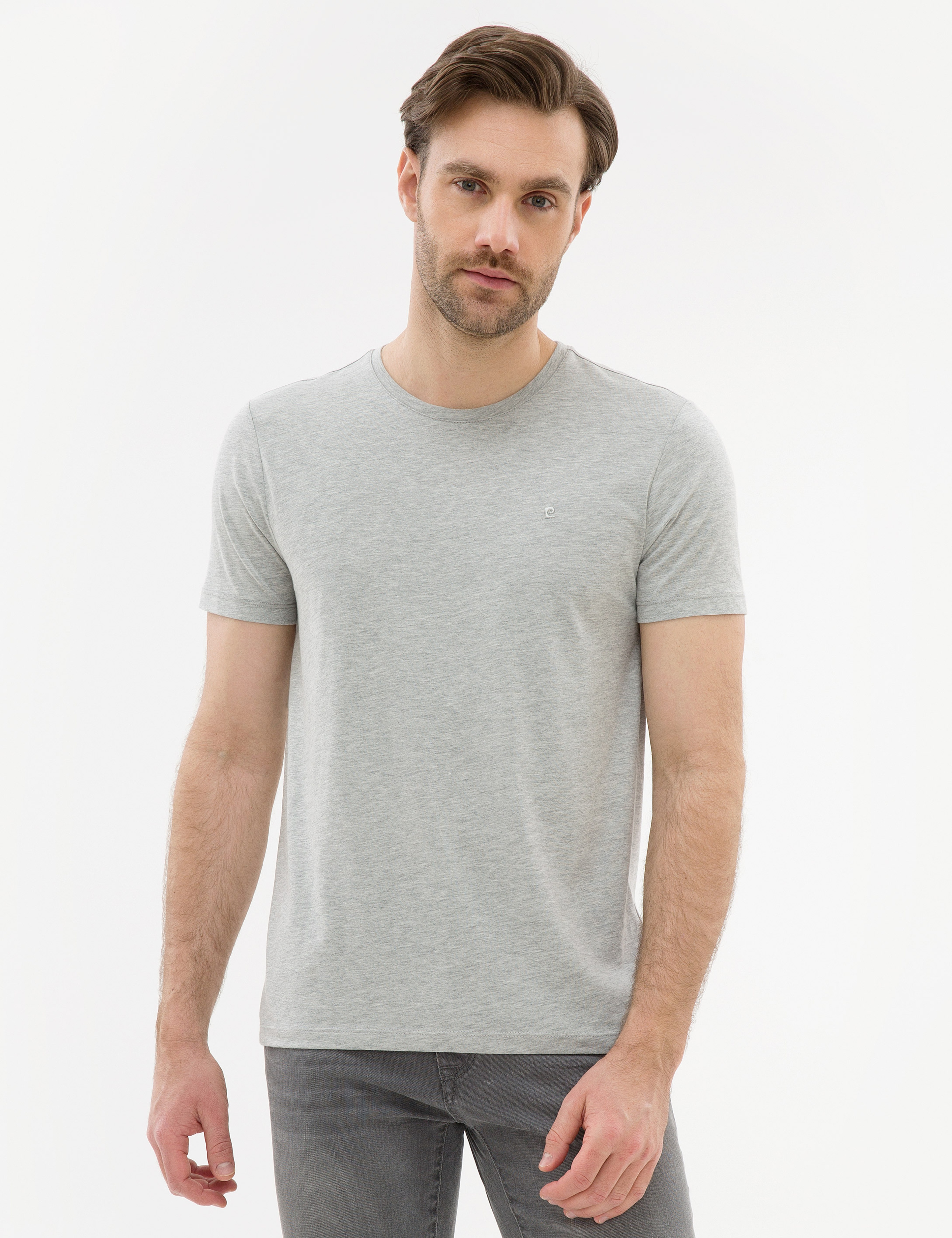Açık Gri Melanj Slim Fit Bisiklet Yaka Basic T-Shirt - Image 2
