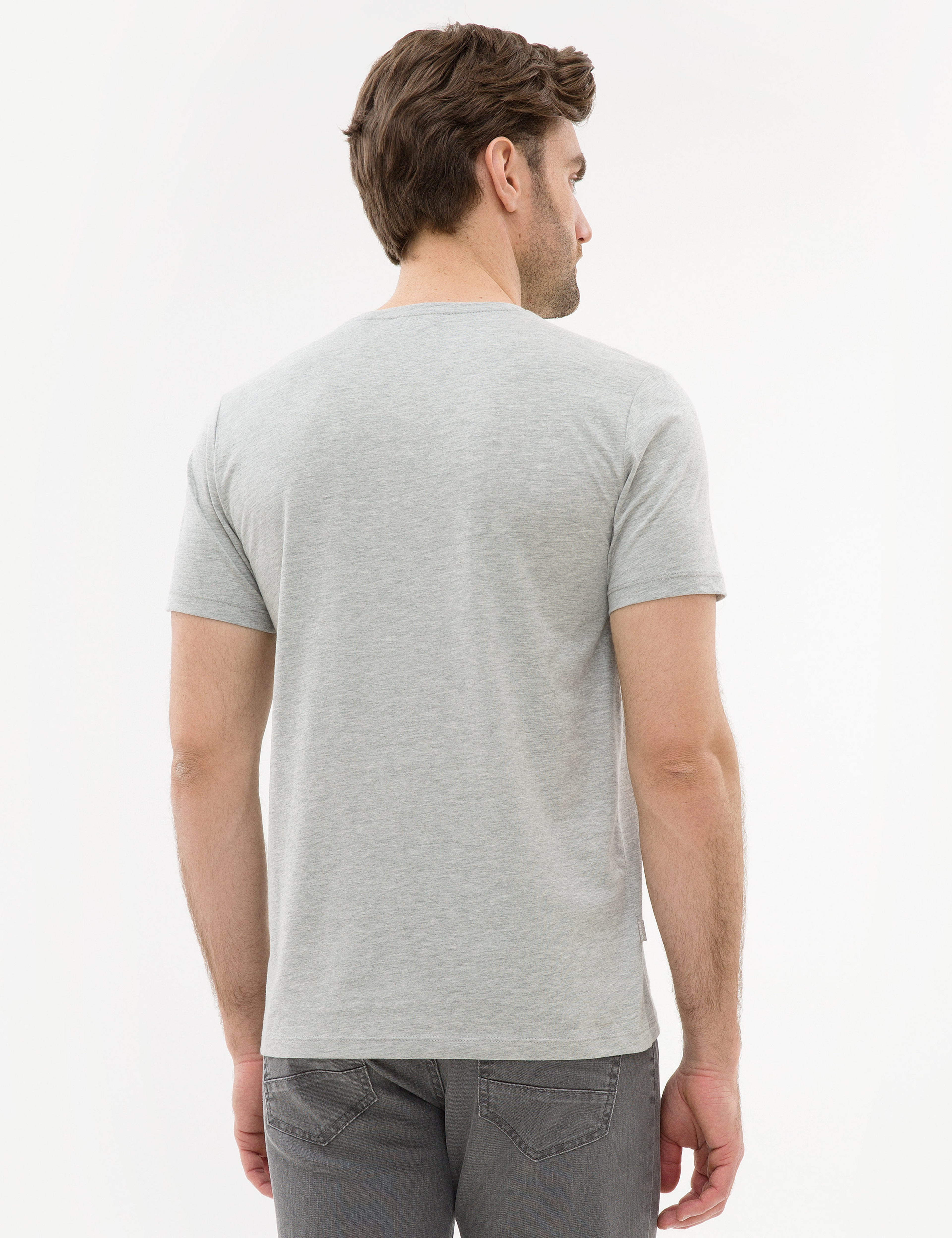 Açık Gri Melanj Slim Fit Bisiklet Yaka Basic T-Shirt - Image 3
