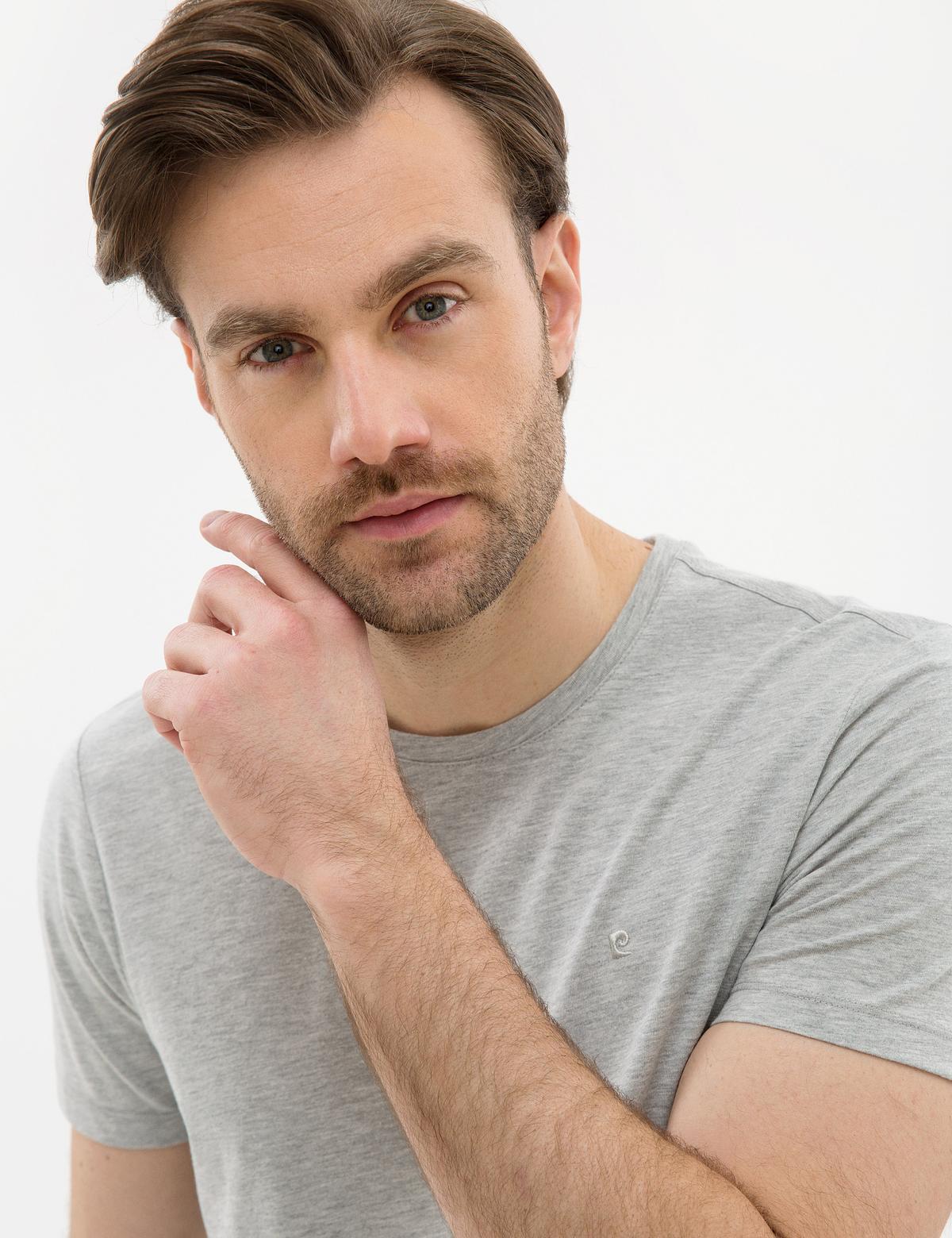 Açık Gri Melanj Slim Fit Bisiklet Yaka Basic T-Shirt