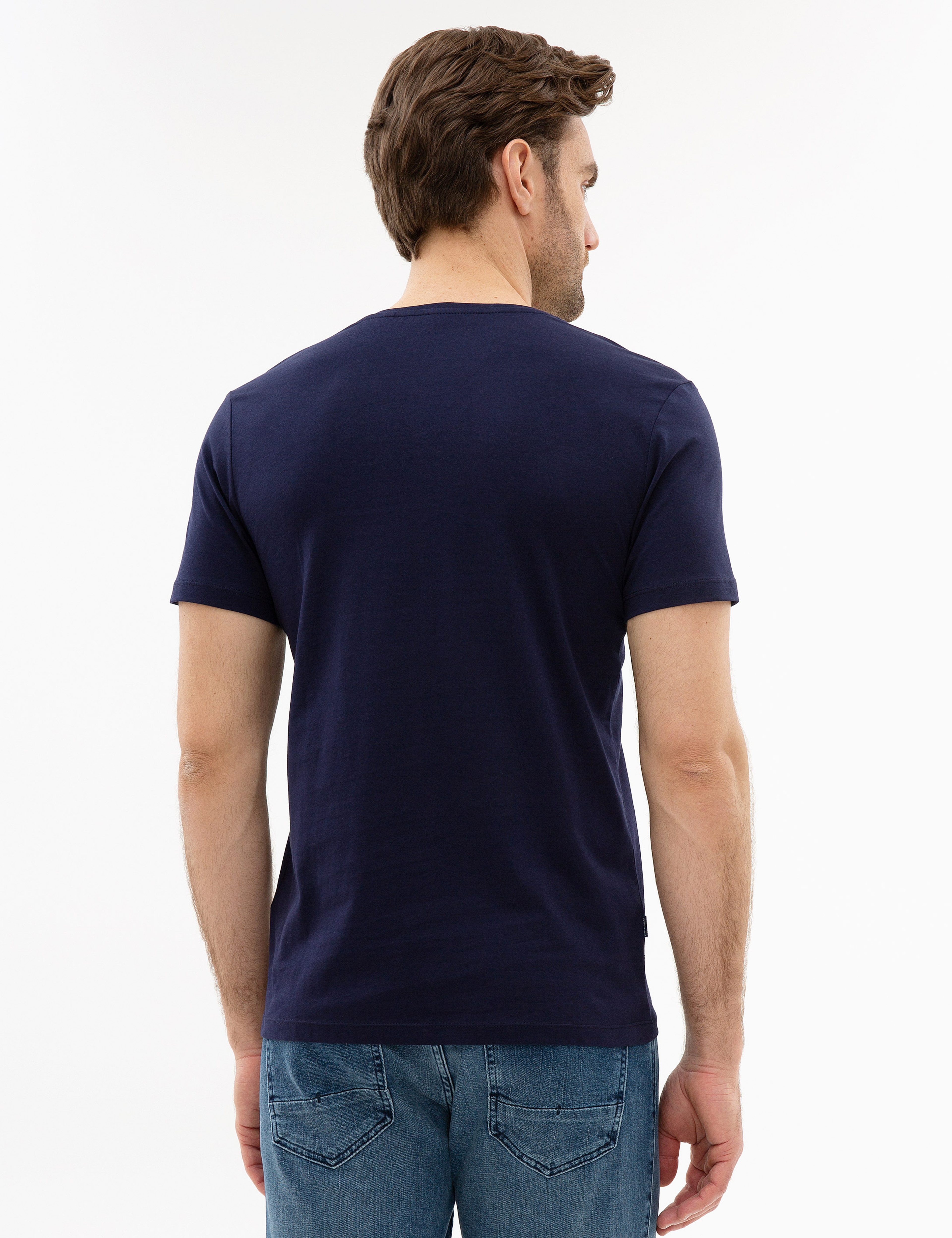 Lacivert Slim Fit V Yaka Basic T-Shirt - Image 3