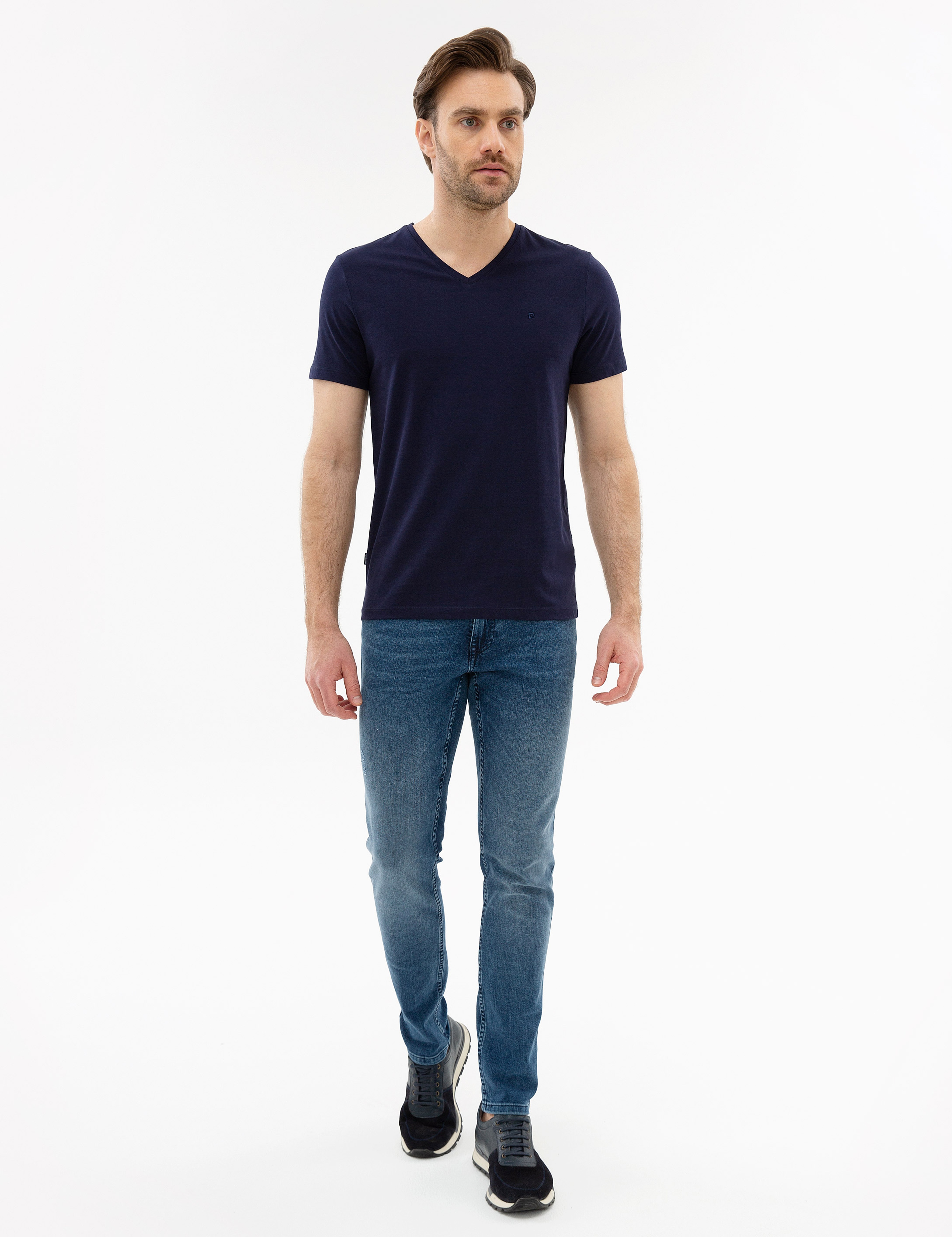 Lacivert Slim Fit V Yaka Basic T-Shirt - Image 4