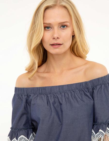 Mavi Düşük Omuzlu Bluz - 50204419012
