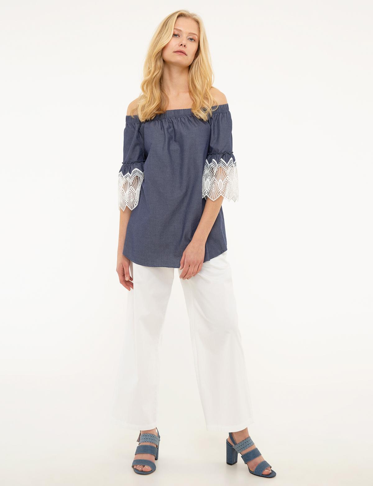 Mavi Düşük Omuzlu Bluz - 50204419012