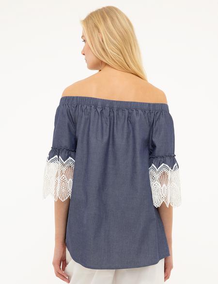 Mavi Düşük Omuzlu Bluz - 50204419012