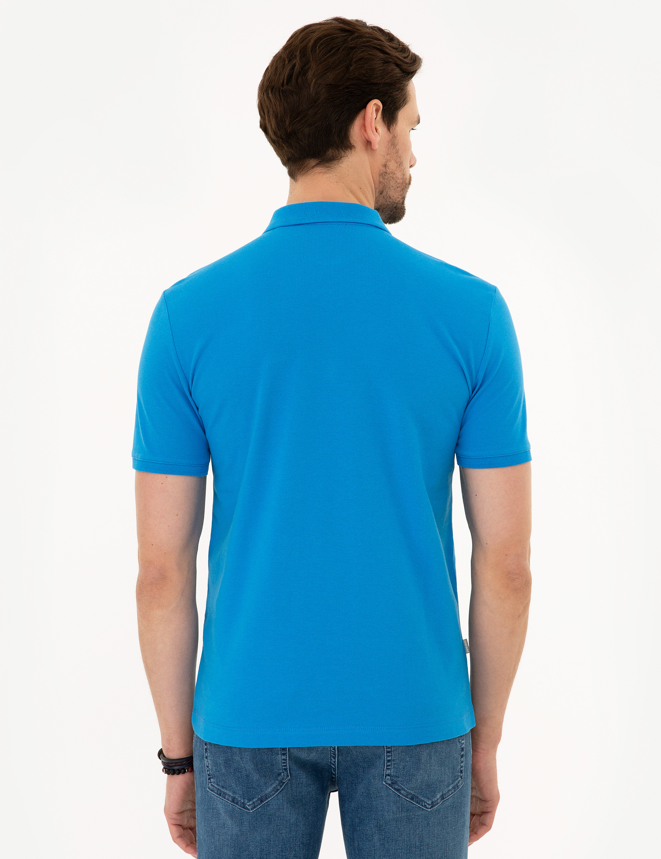 Kobalt Mavi Slim Fit Basic Polo Yaka T-Shirt - Image 4