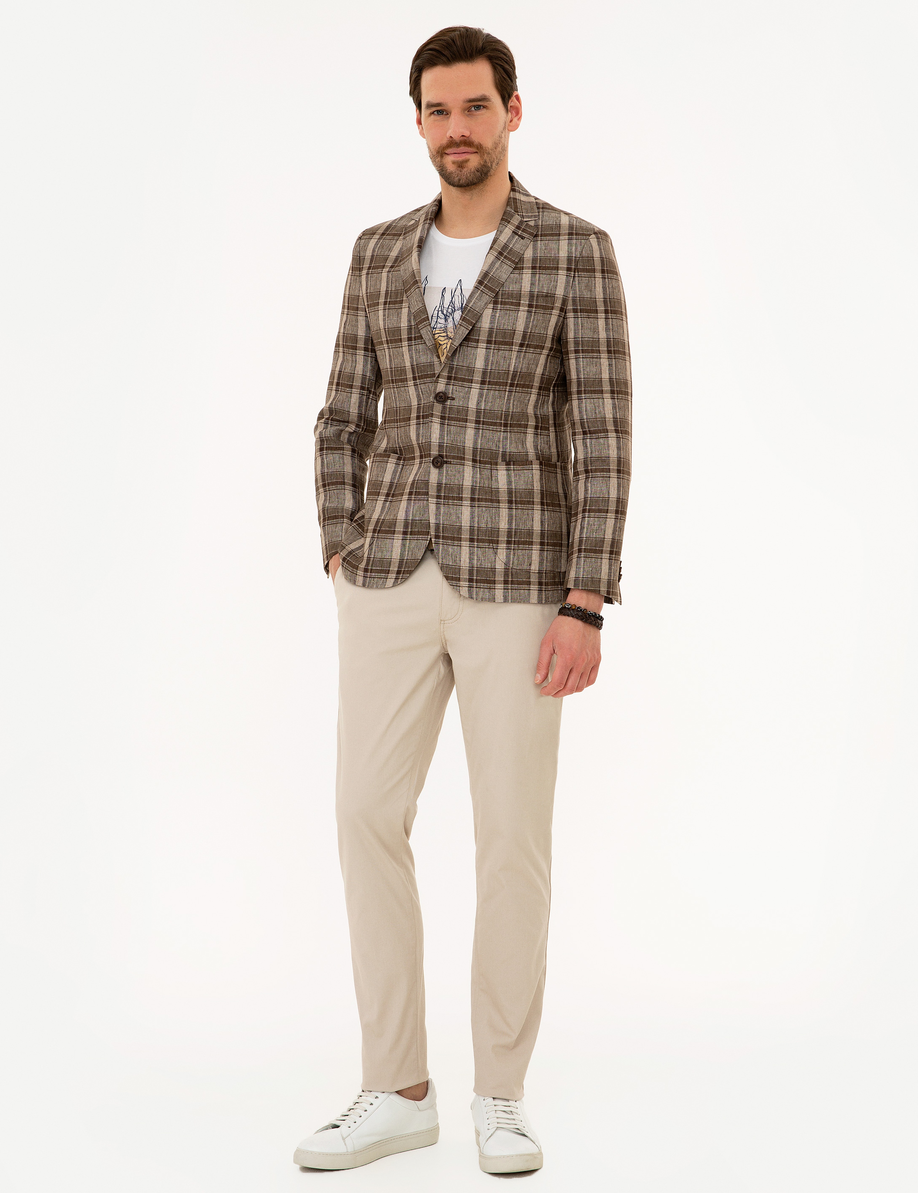Açık Kahverengi Slim Fit Ekose Ceket