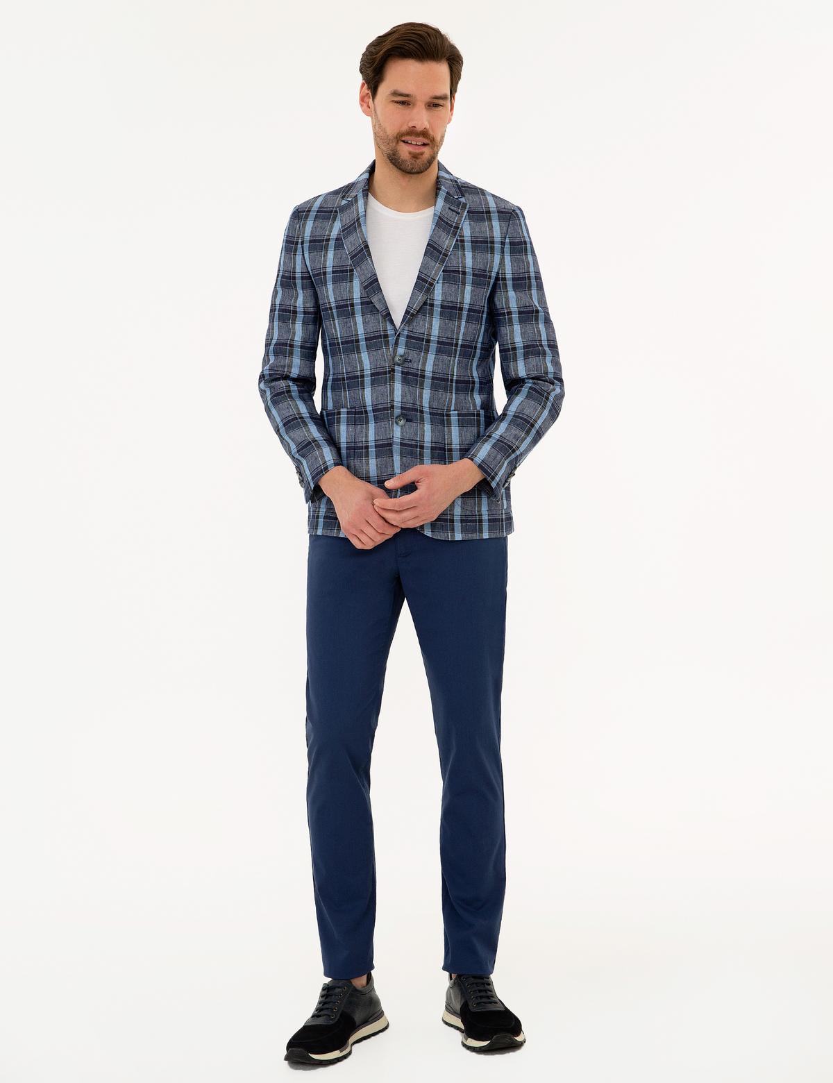 Koyu Mavi Slim Fit Ekose Ceket - 50225686035