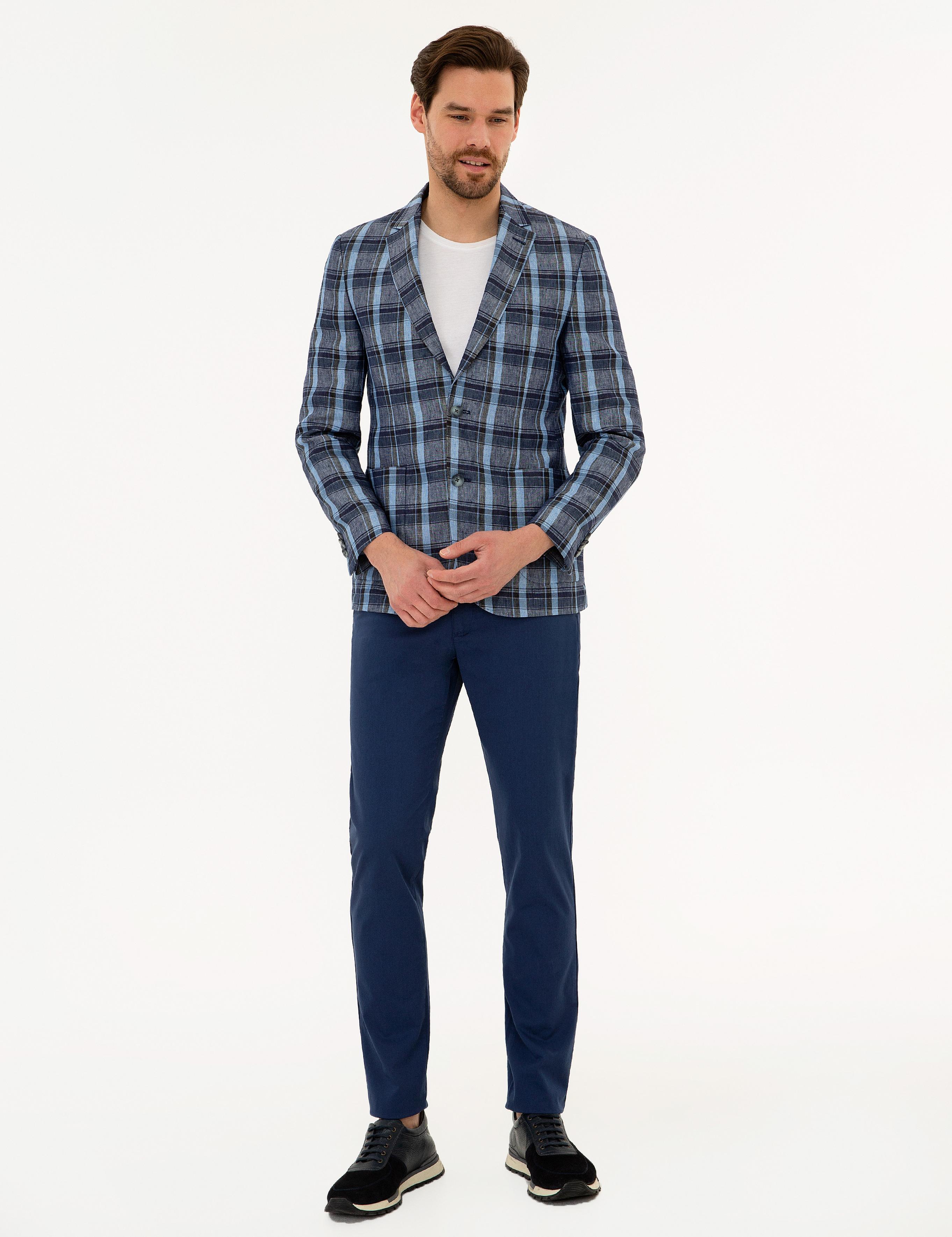 Koyu Mavi Slim Fit Ekose Ceket