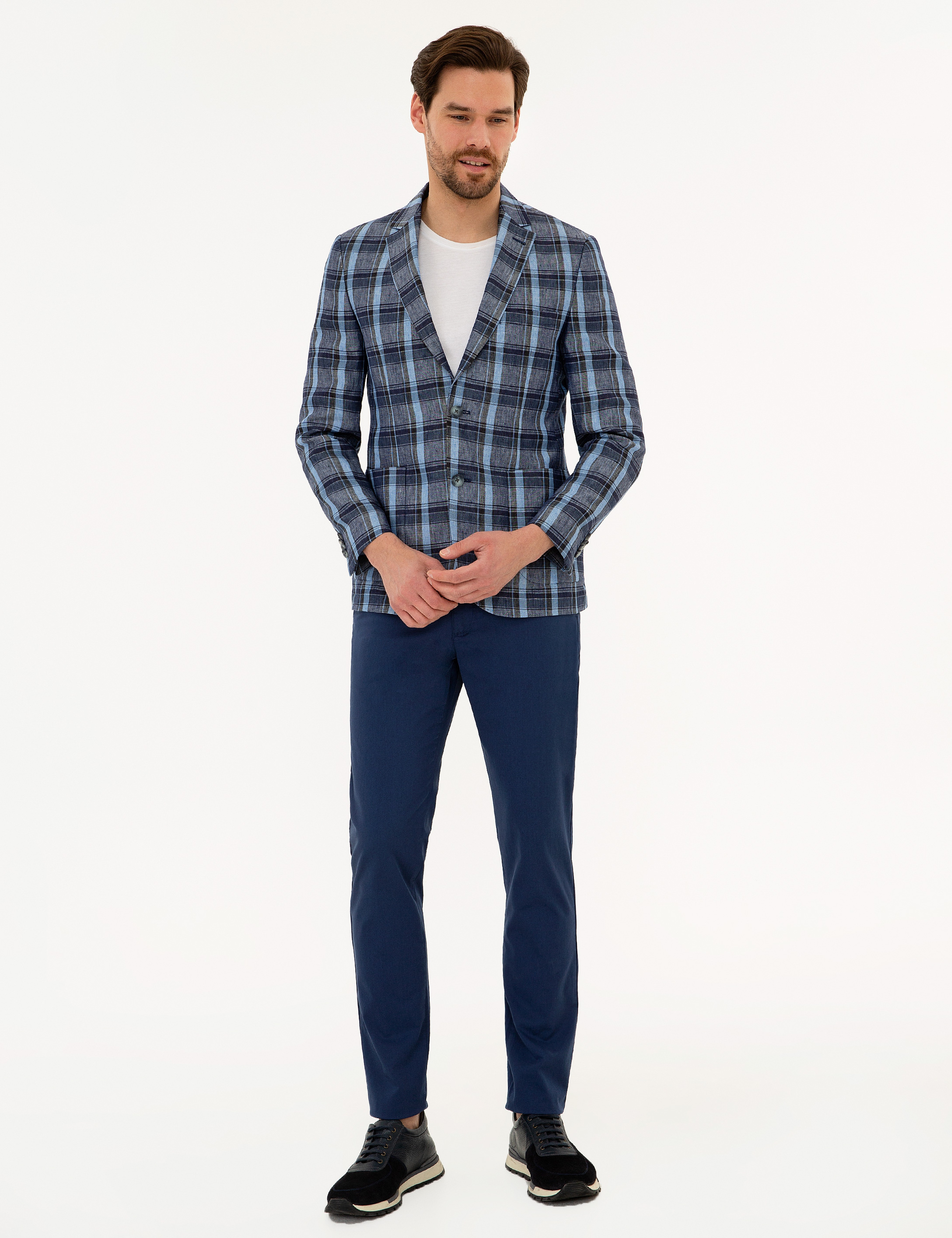 Koyu Mavi Slim Fit Ekose Ceket - Image 6