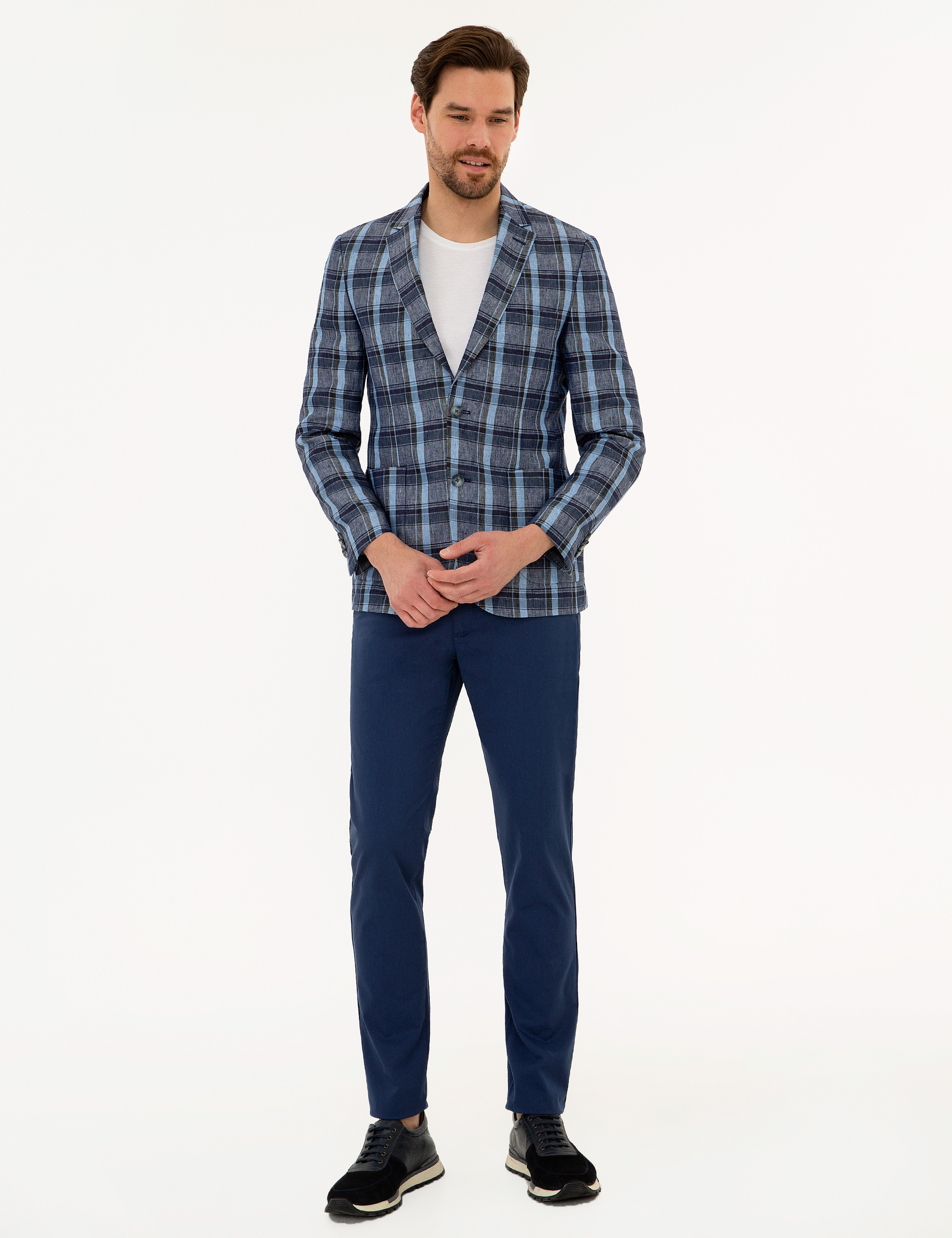 Koyu Mavi Slim Fit Ekose Ceket