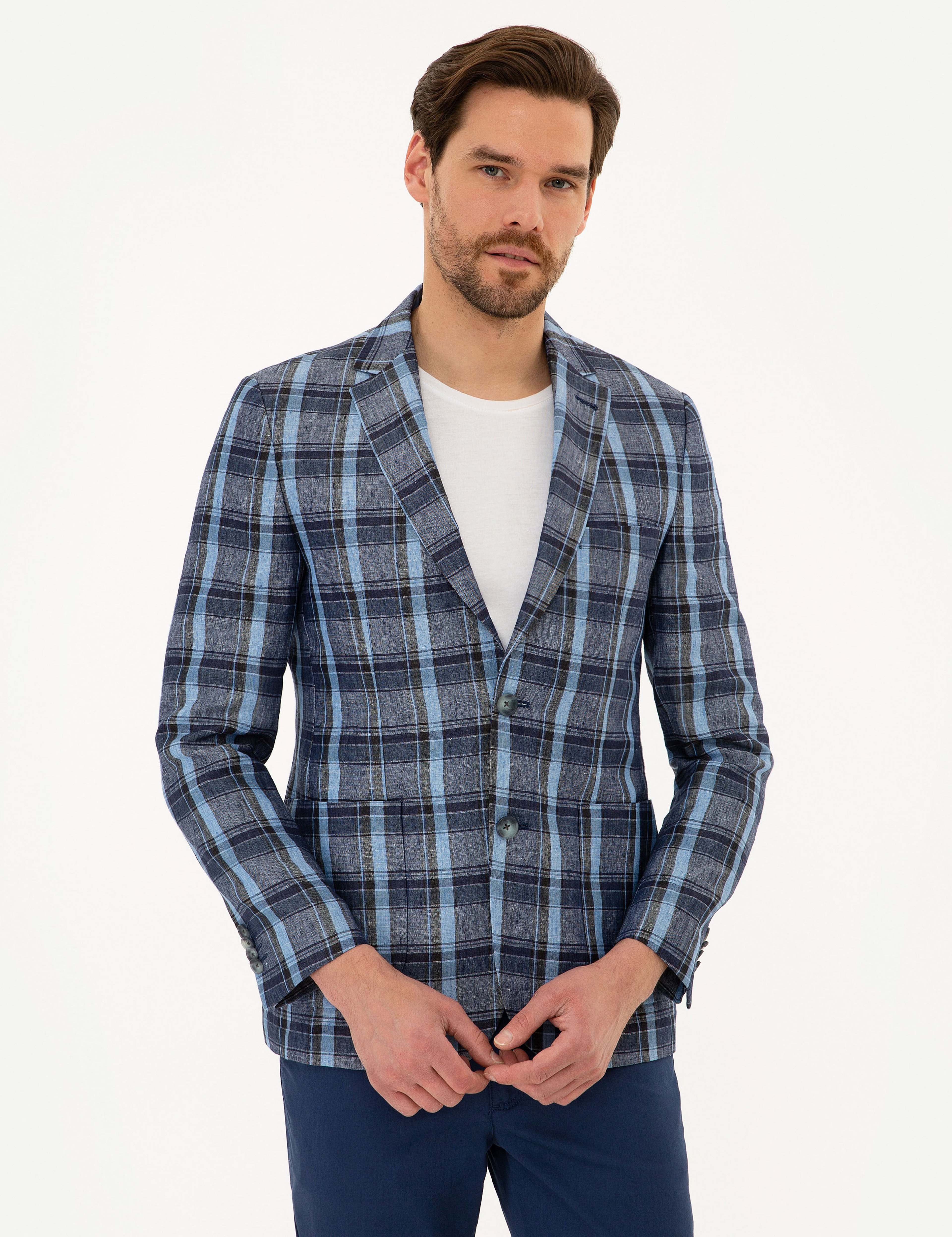 Koyu Mavi Slim Fit Ekose Ceket - Image 1